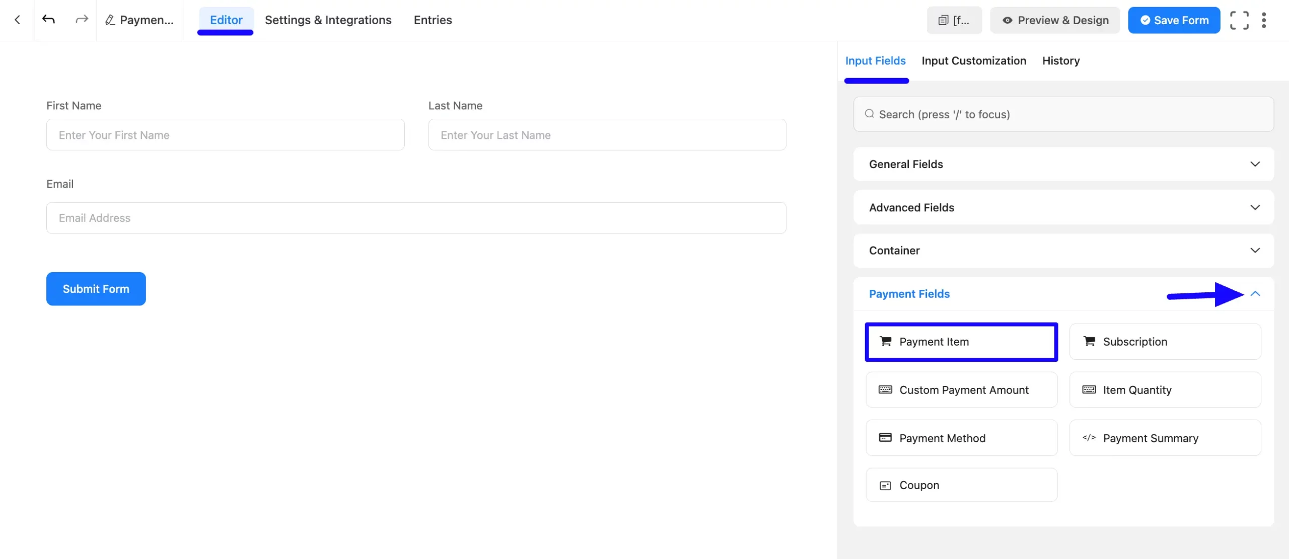 Add Payment Item Field