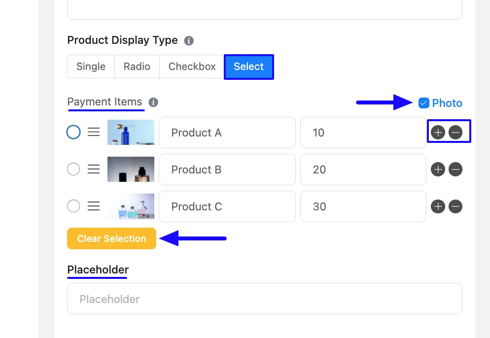 Select Any One Item Tab Payment Item Field in