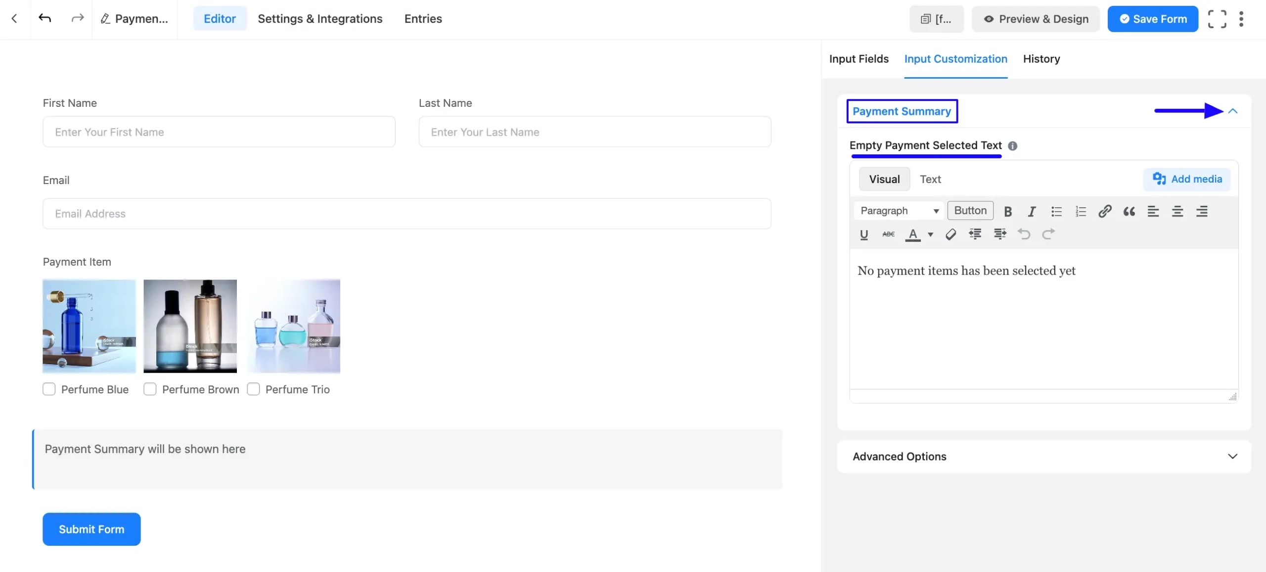 Payment Summary Customization