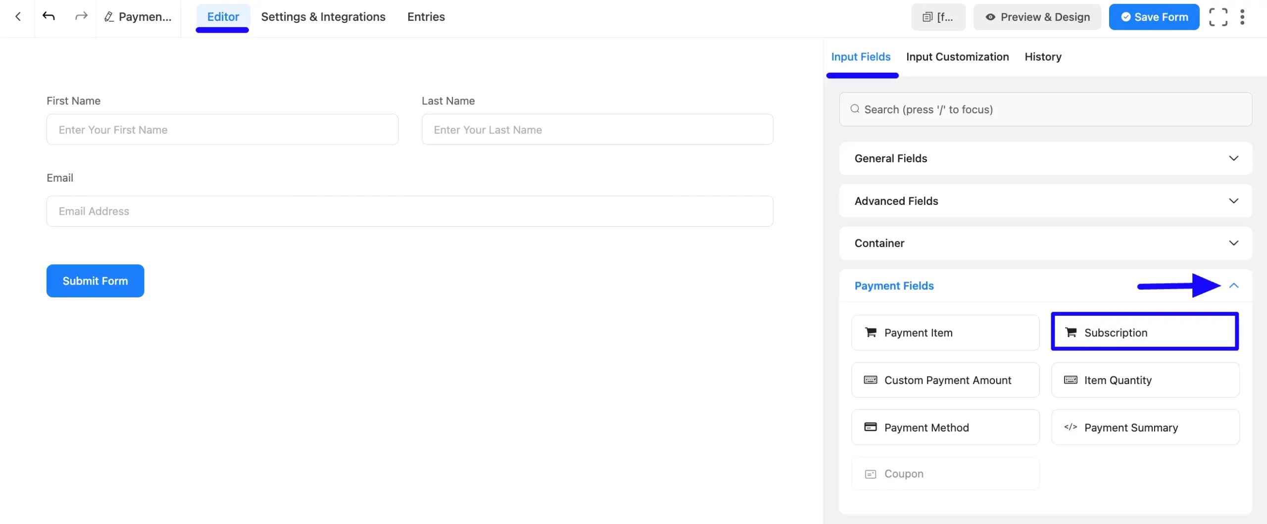 Add Subcription Field Subscription Field in Payment