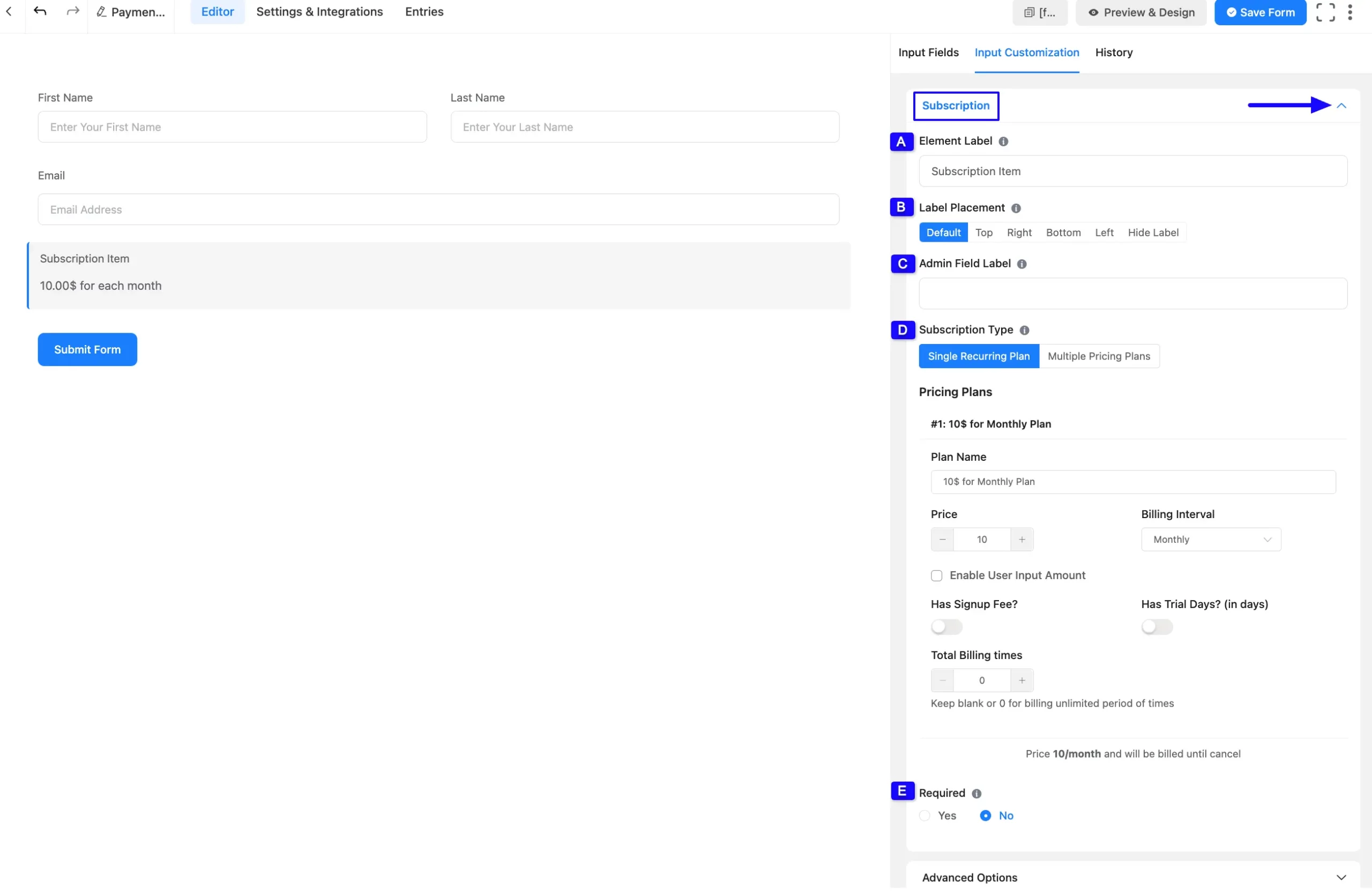 Subscription Customization Tab