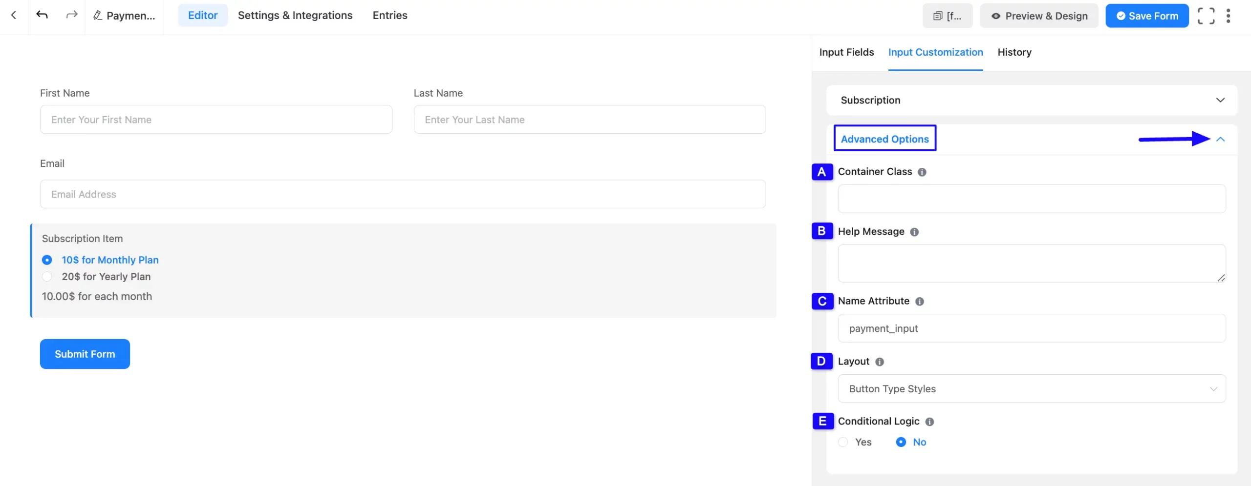 Advanced Options Fluent Forms