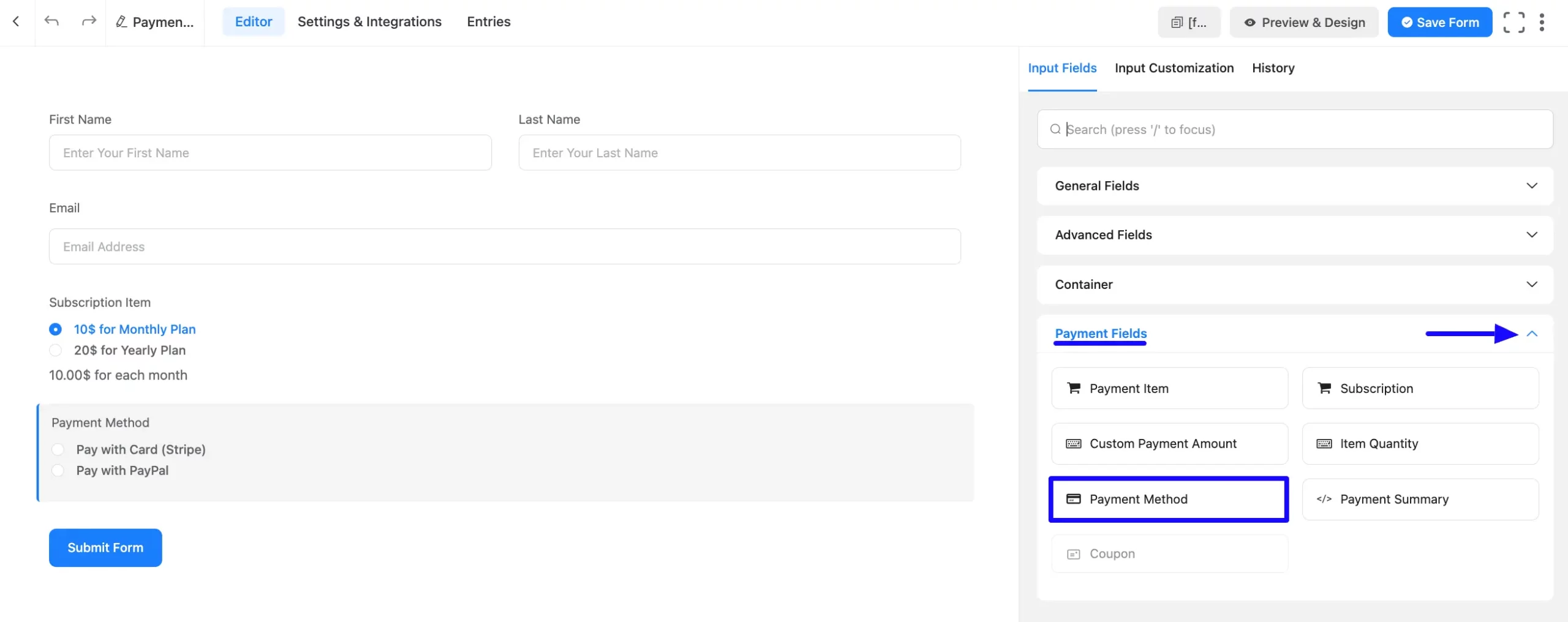 Add Payment Method Field Subscription Field in Payment
