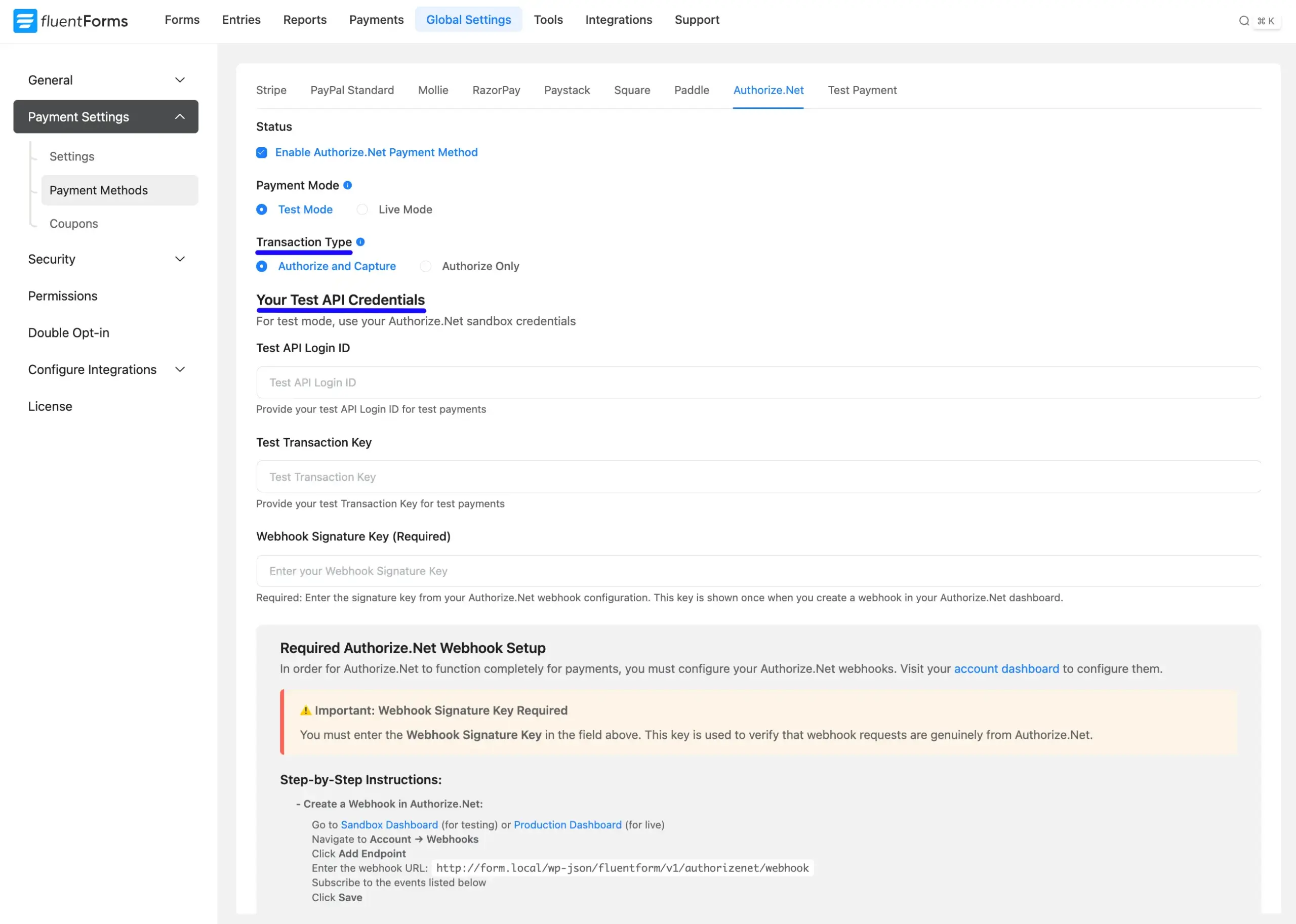 Credentials Fluent Forms