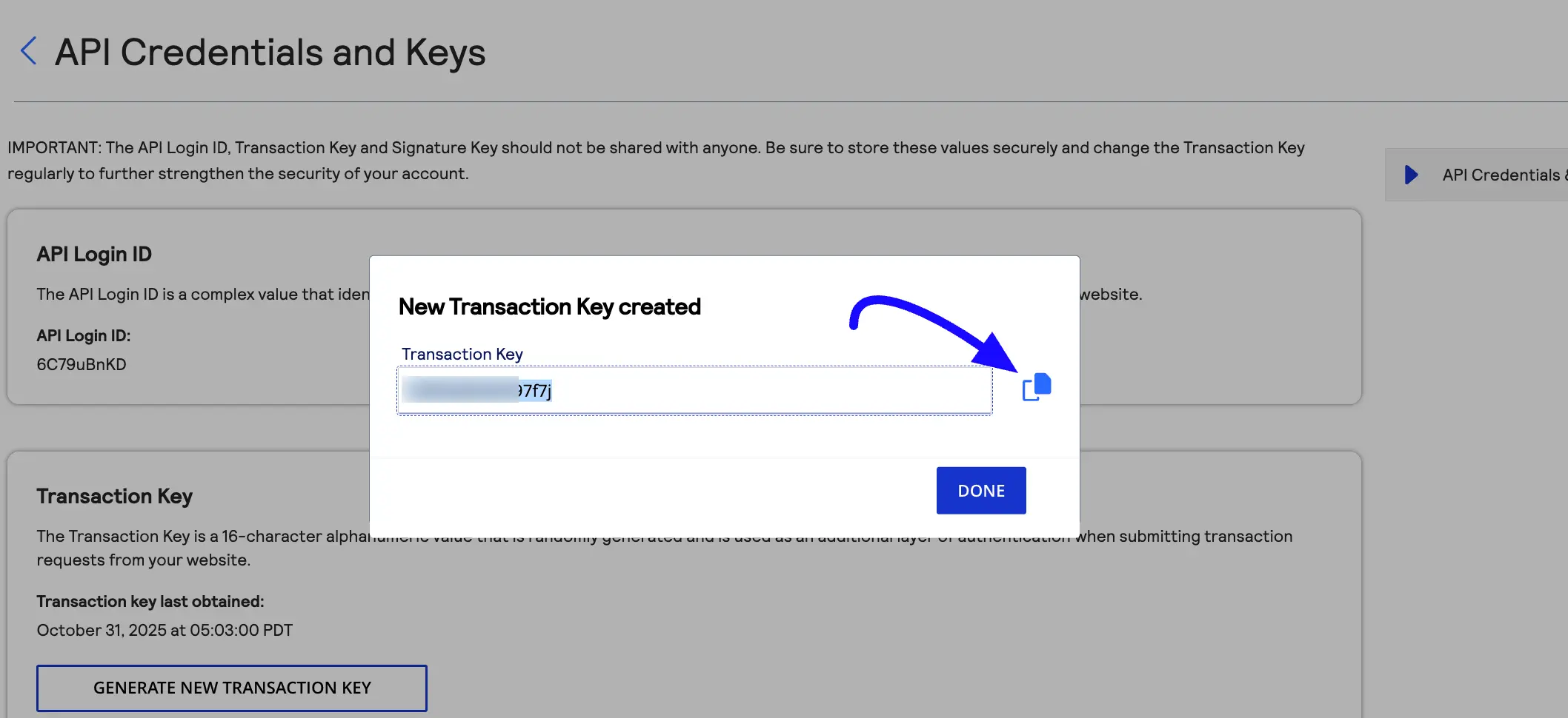 Transaction Key Created