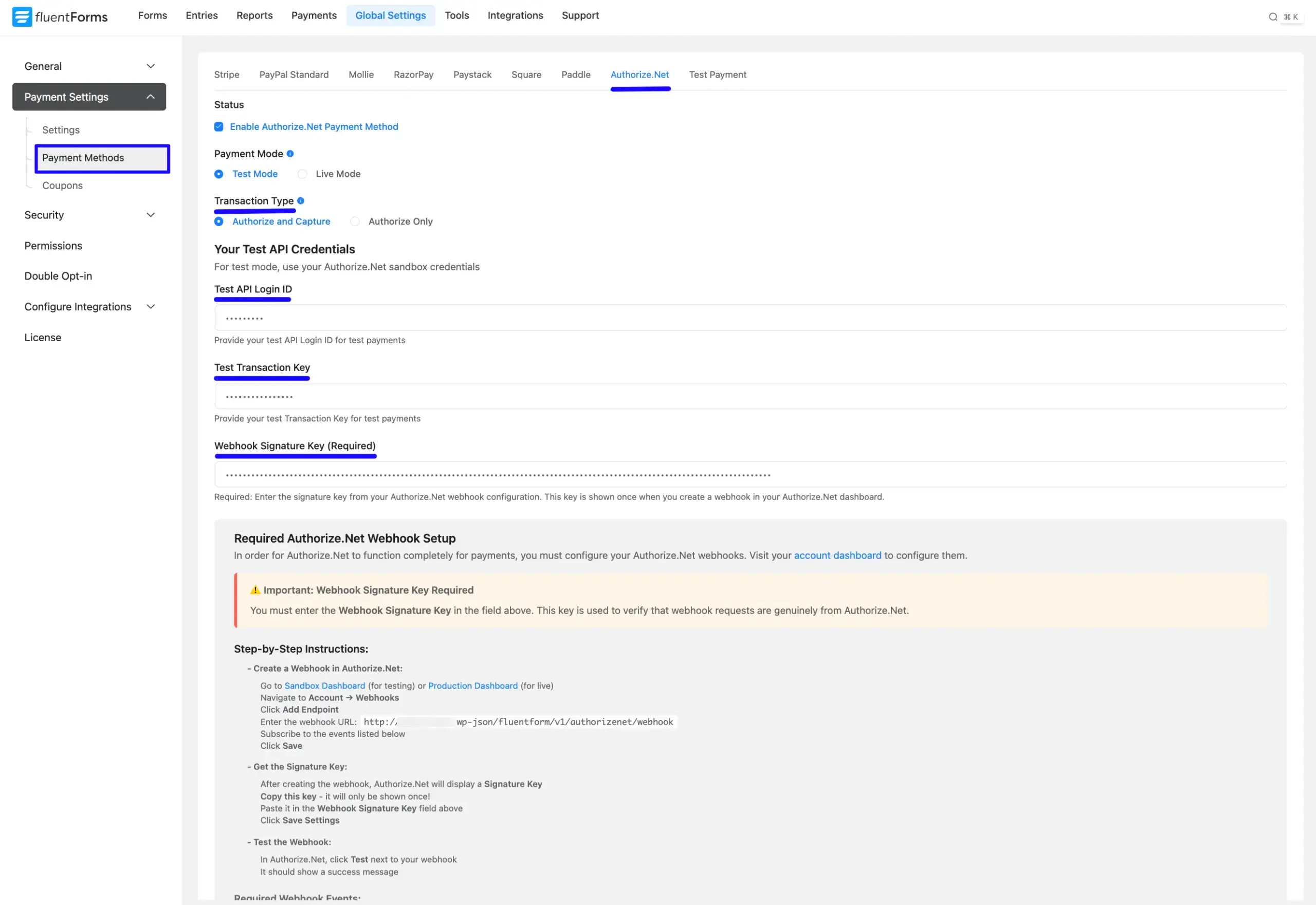 Save Settings integrate Authorize.Net