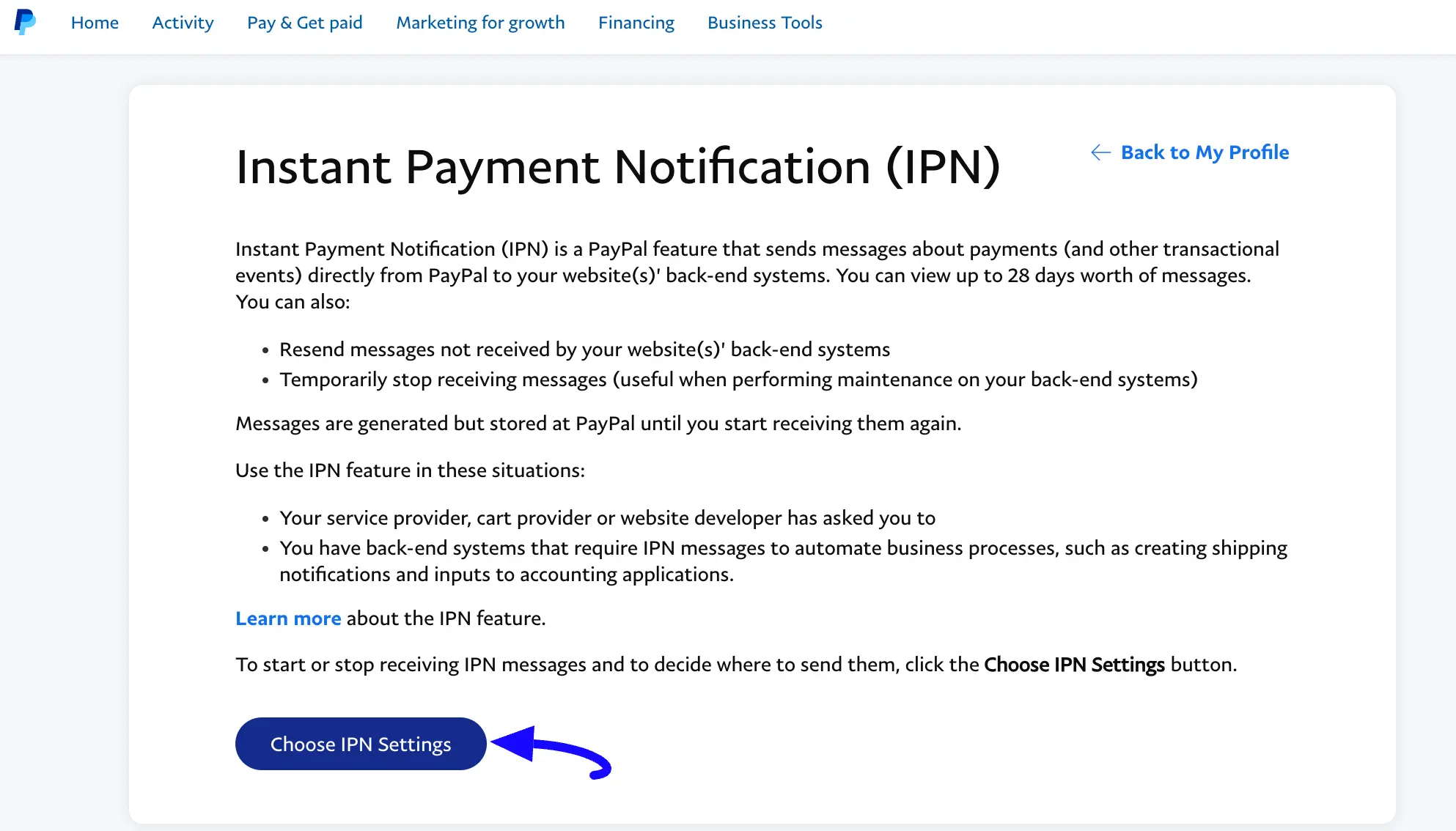 Choose Ipn Settings