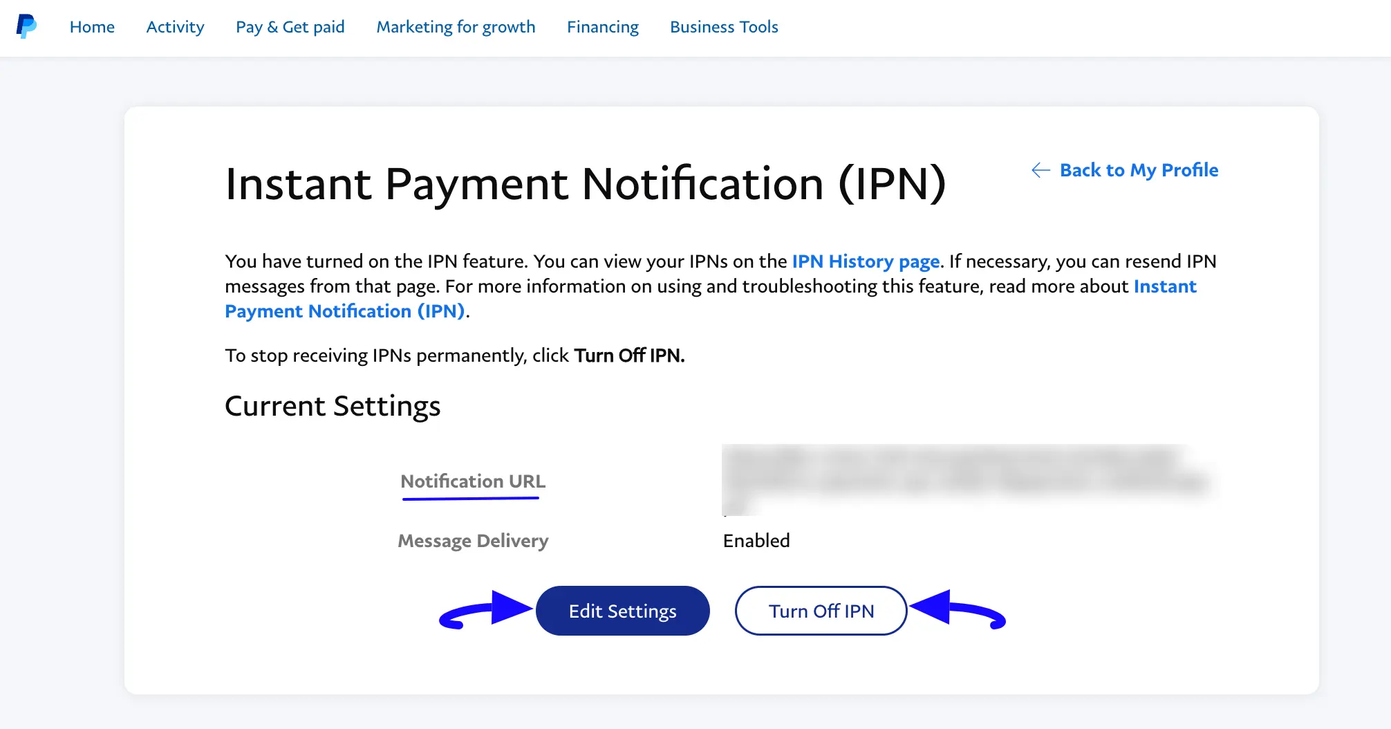 Edit Settings Or Turn Off Button Integrate PayPal