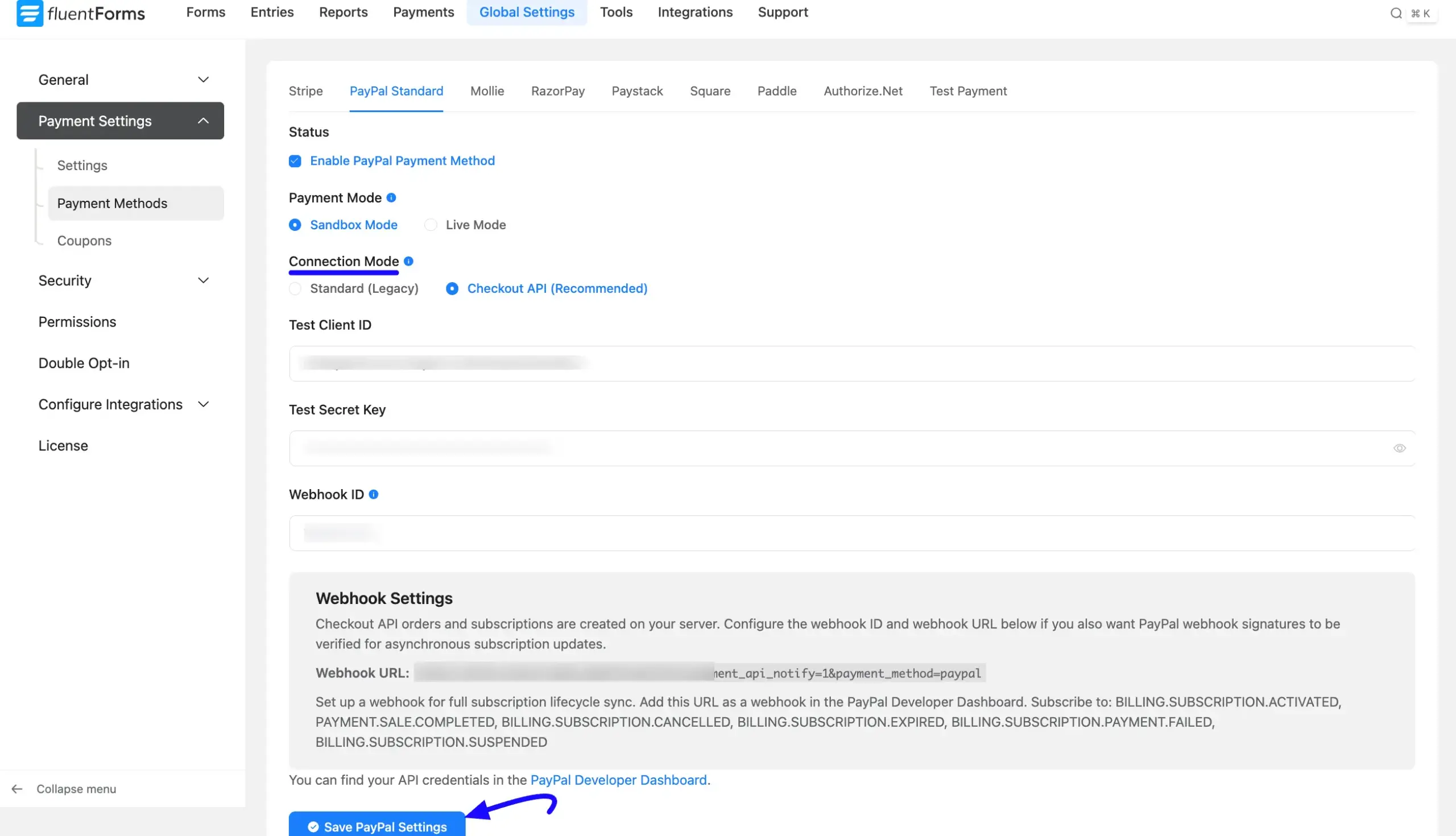 PayPal Checkout API settings