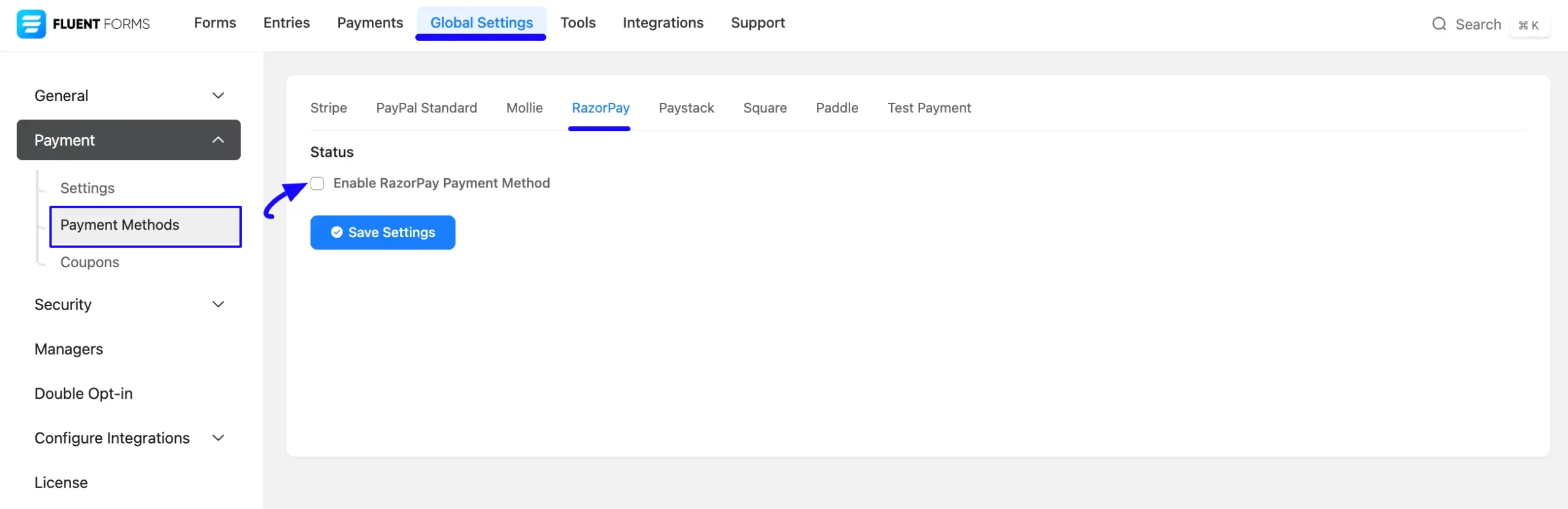 Enable Razorpay Method Integrate Razorpay