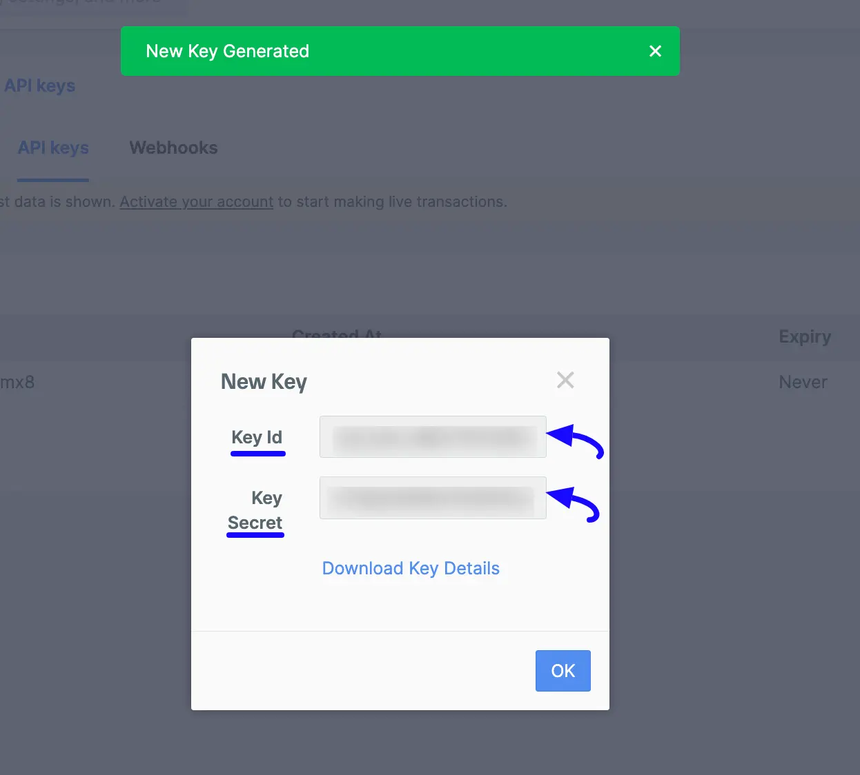 Copy Key ID And Key Secret
