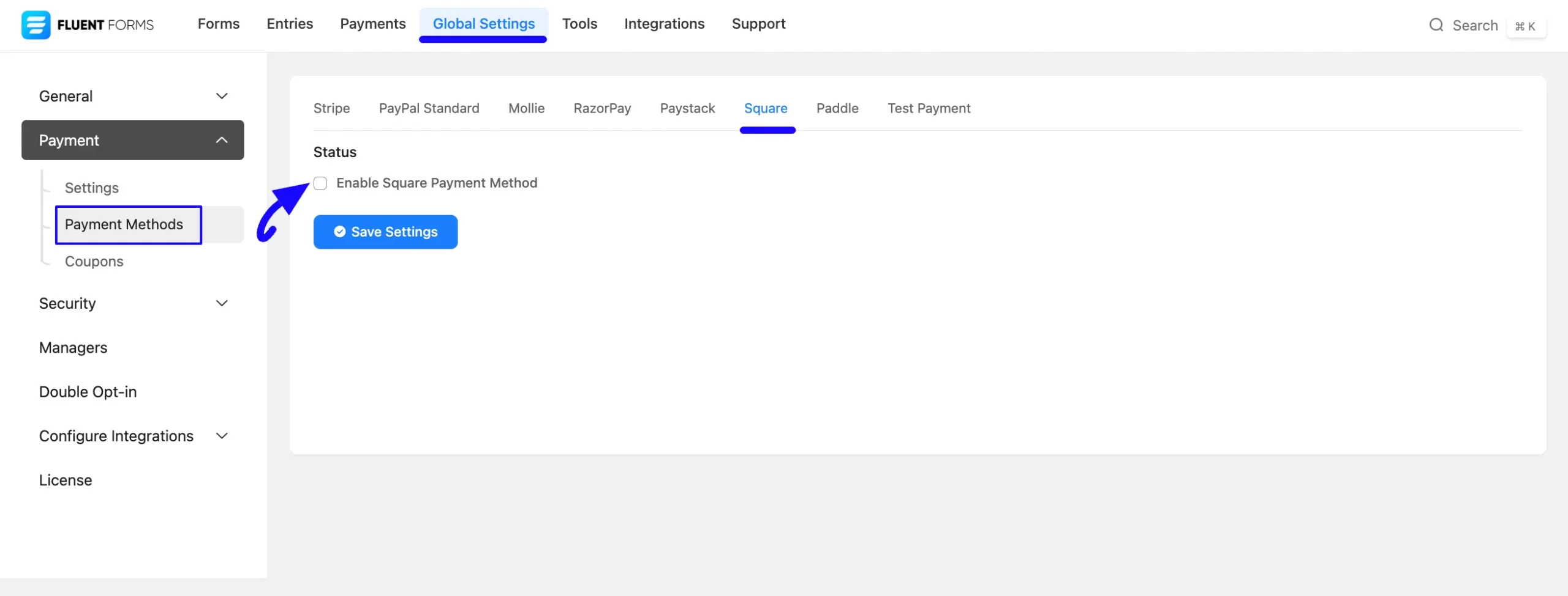 Enable Payment Methods Integrate Square