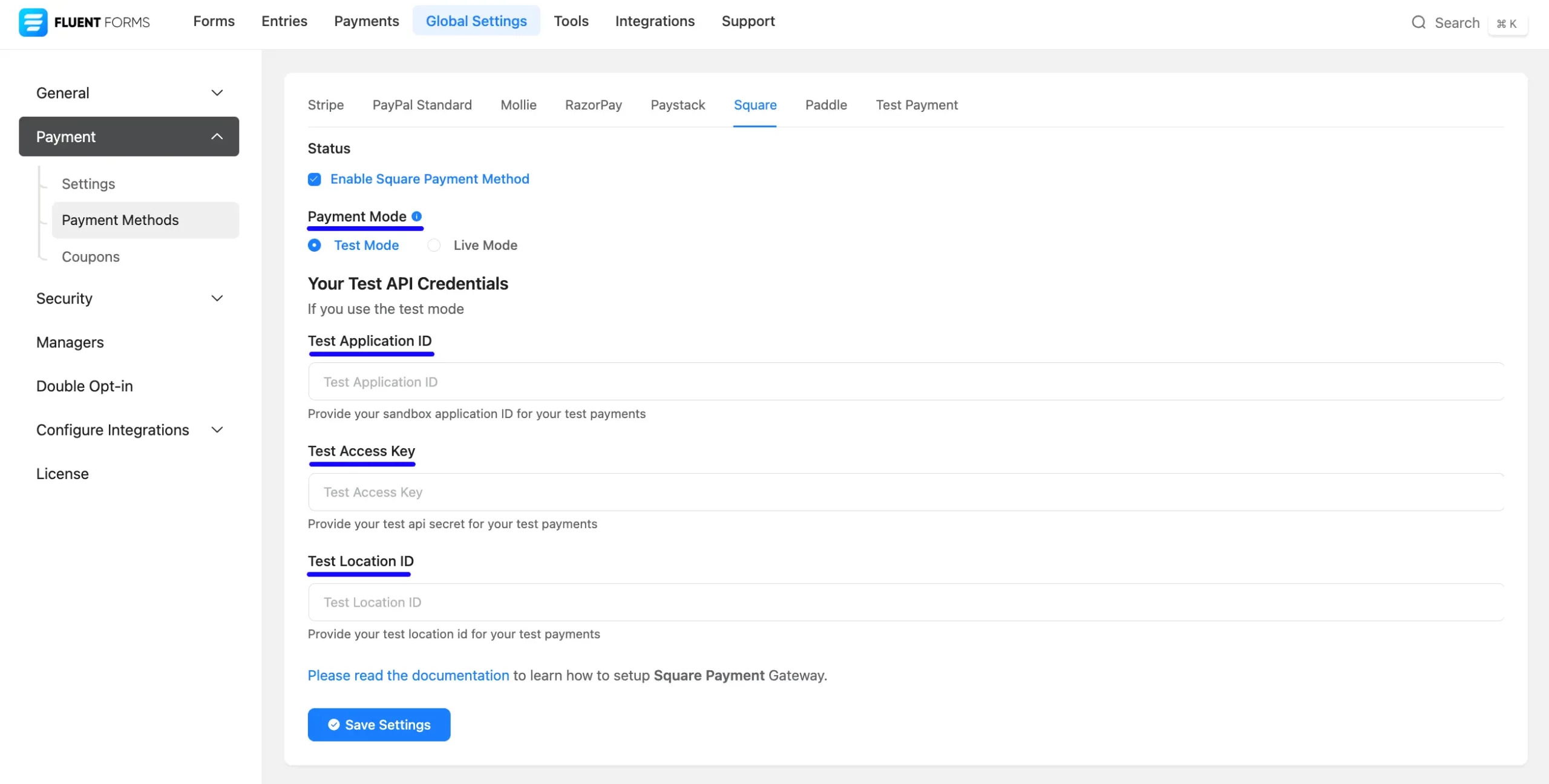 Payment Mode And API Credentials