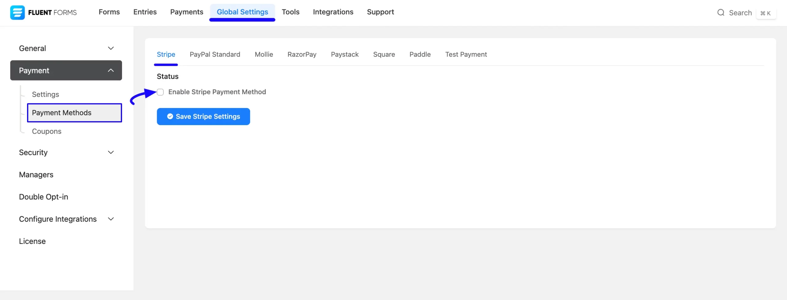 Enable Stripe Payment Method Integrate Stripe
