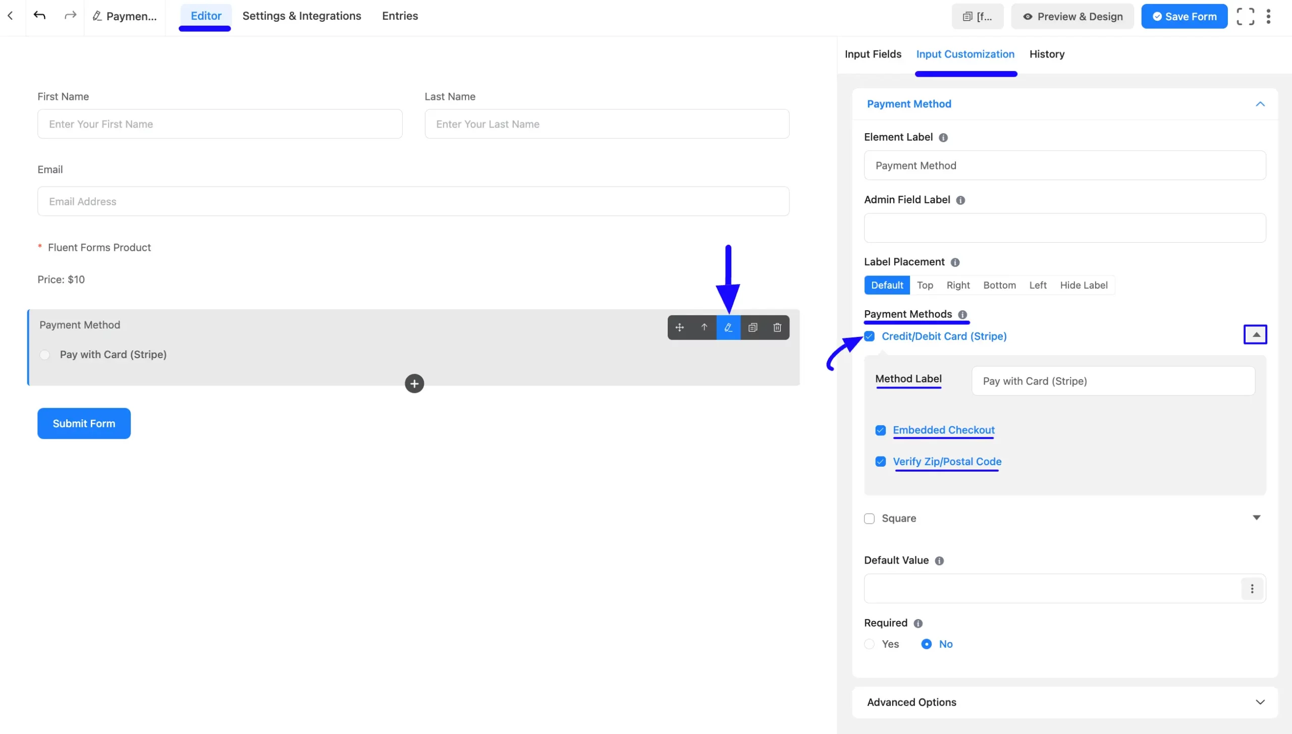 Embed Checkout Fluent Forms
