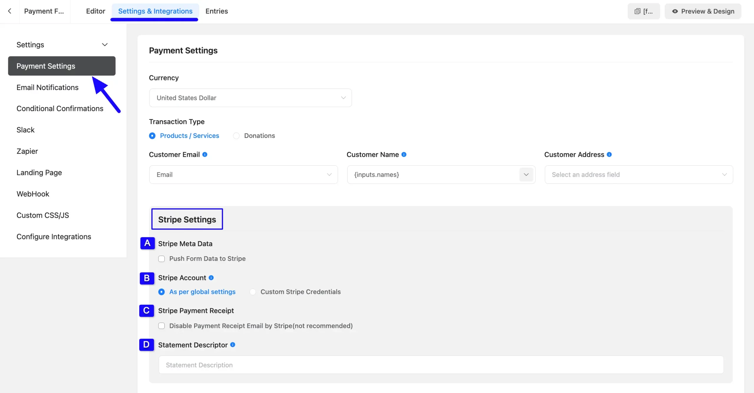 Specific Stripe Settings