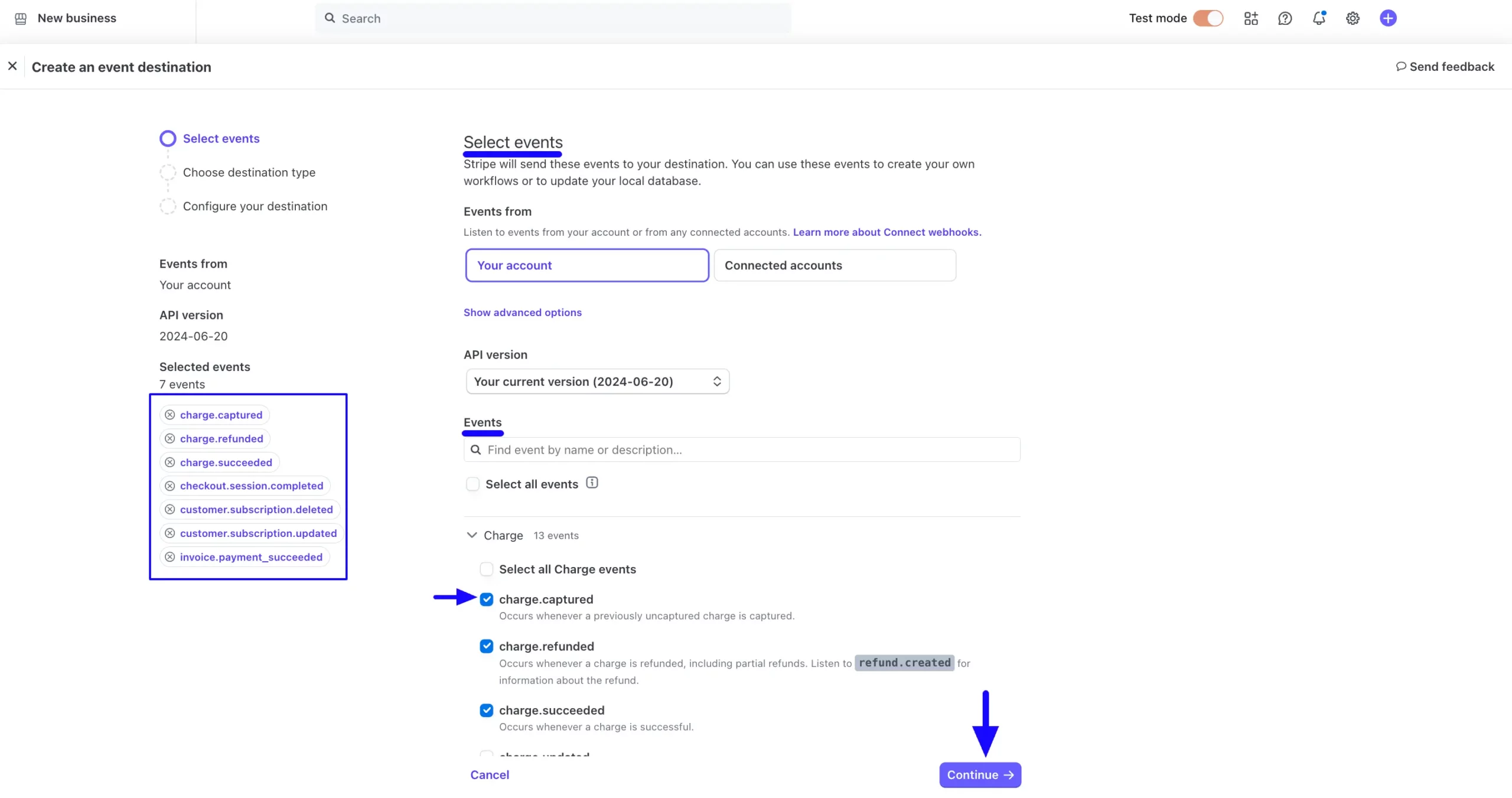 Select Events Integrate Stripe