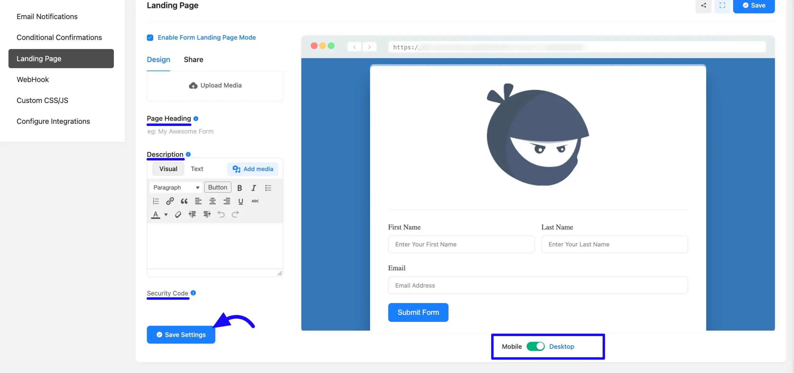 Save landing page design settings