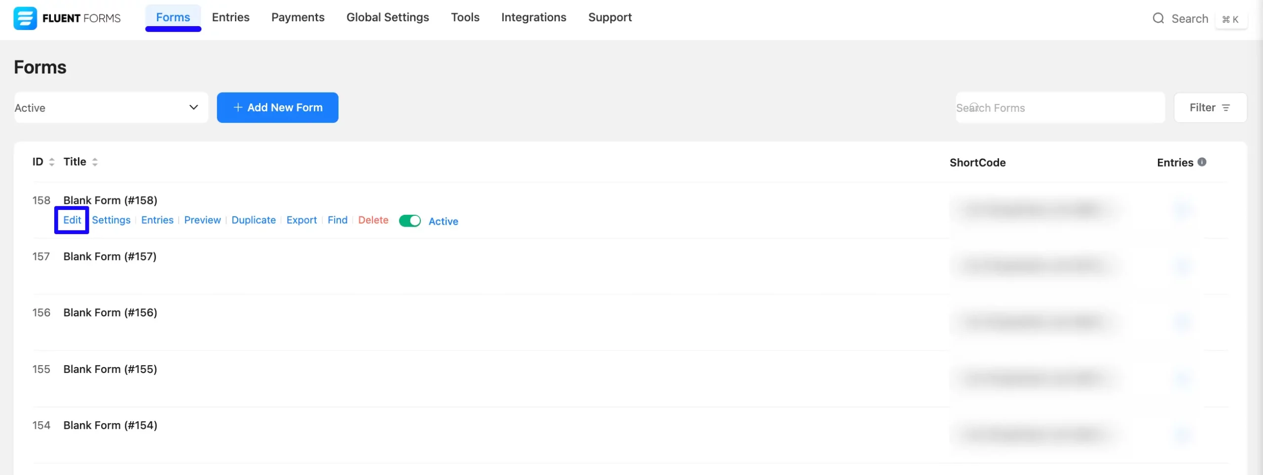 Open form editor for landing page setup