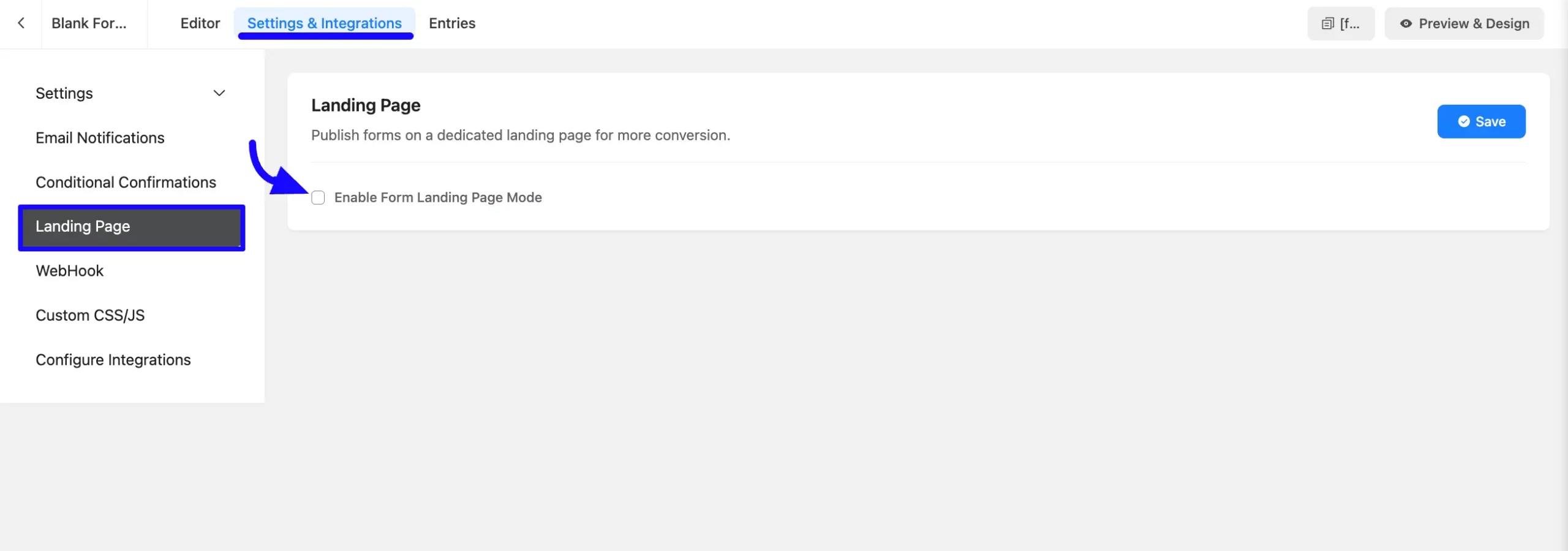 Enable Form Landing Page Mode