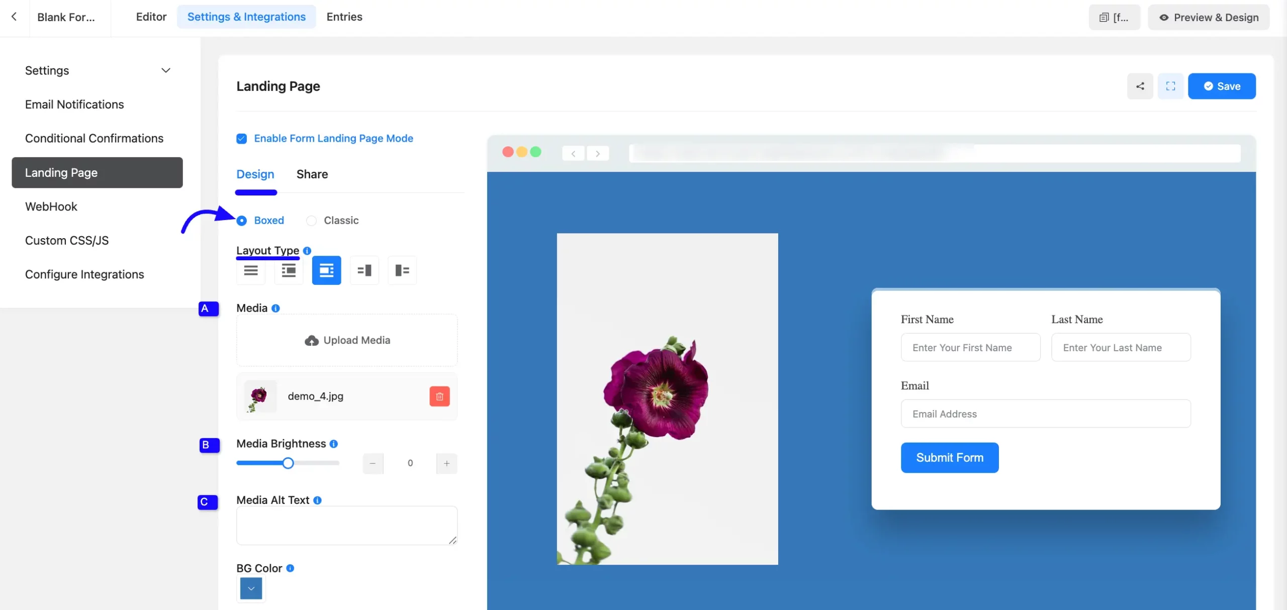 Landing page layout type settings