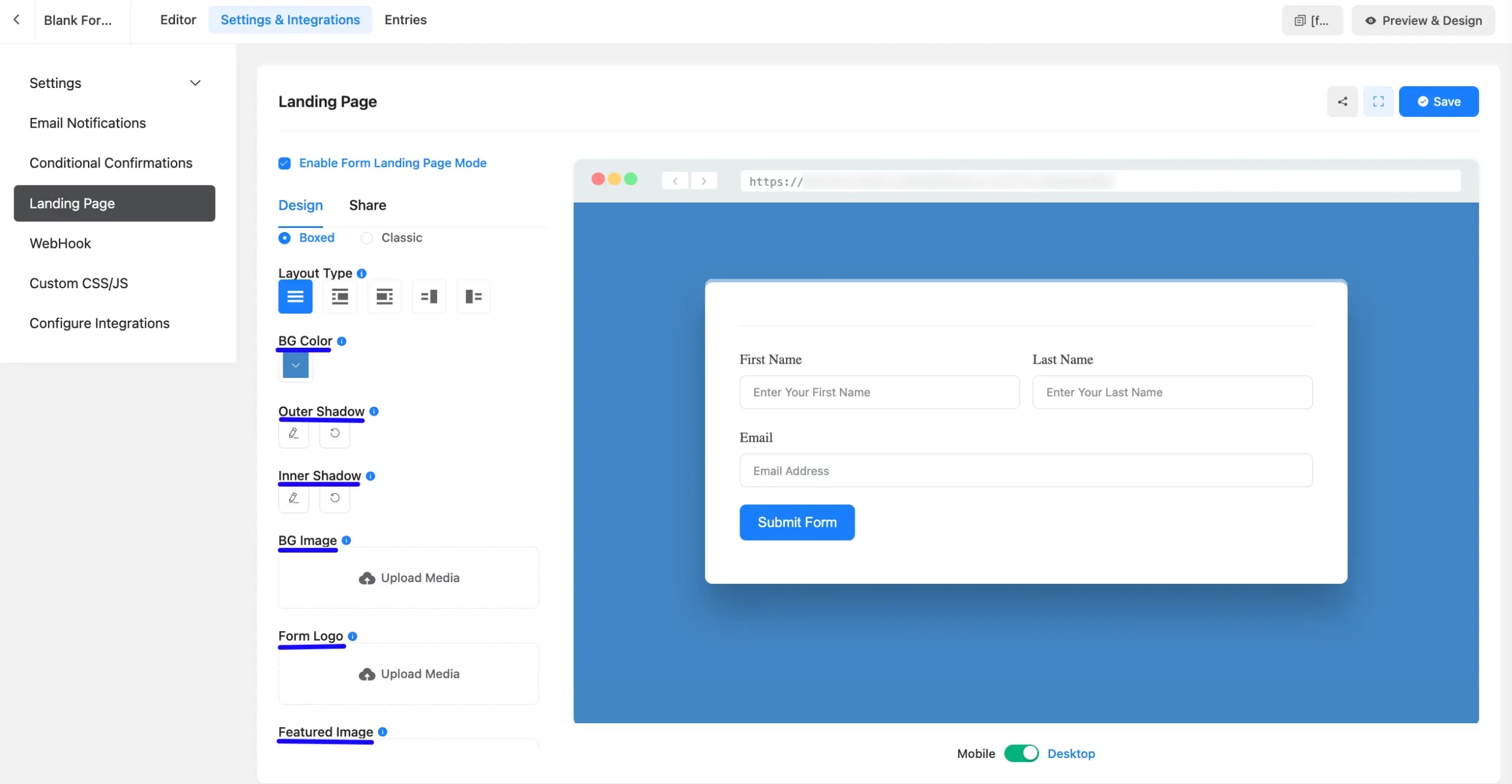 Landing page shadow and branding settings