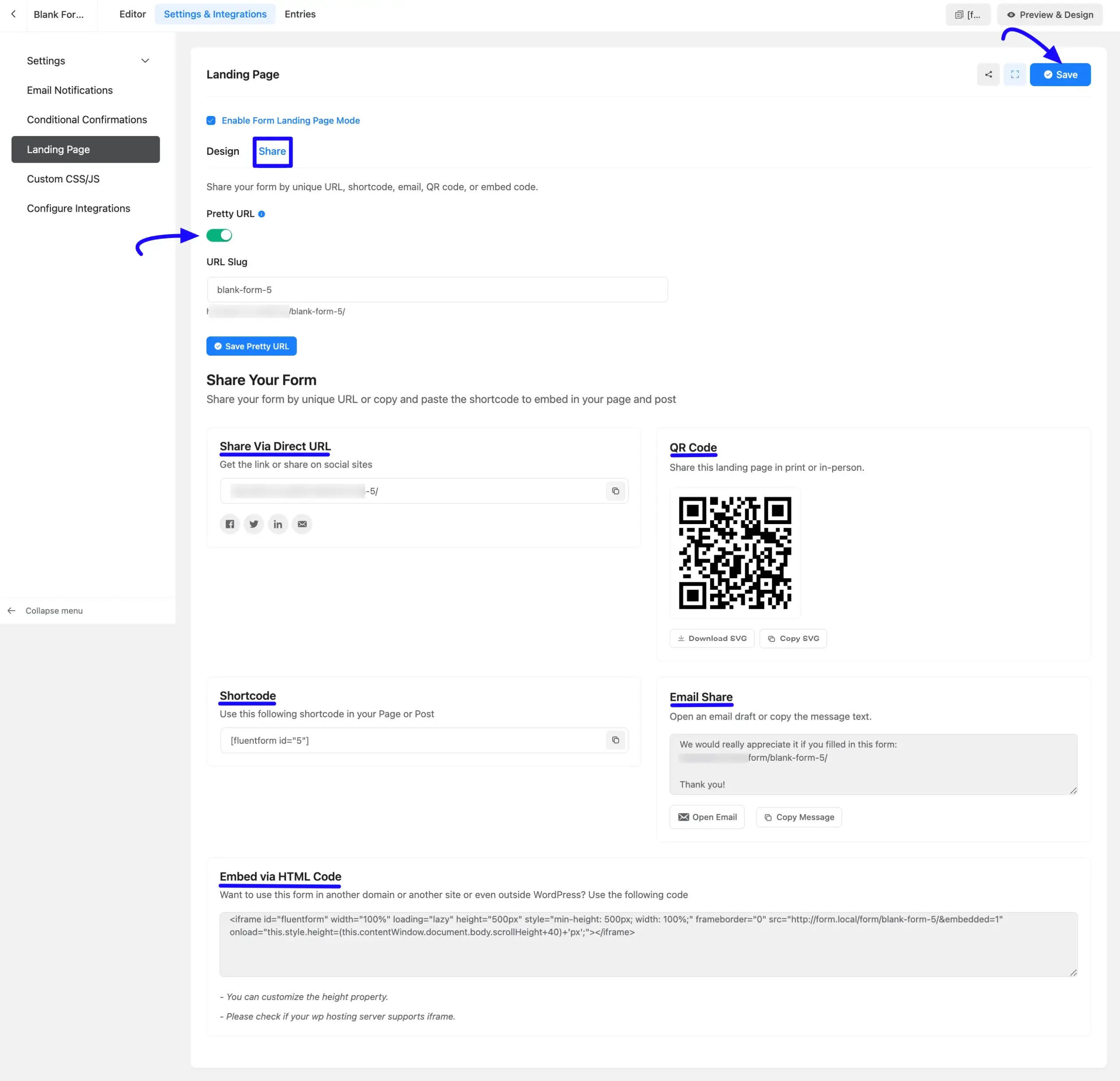 Landing page share options