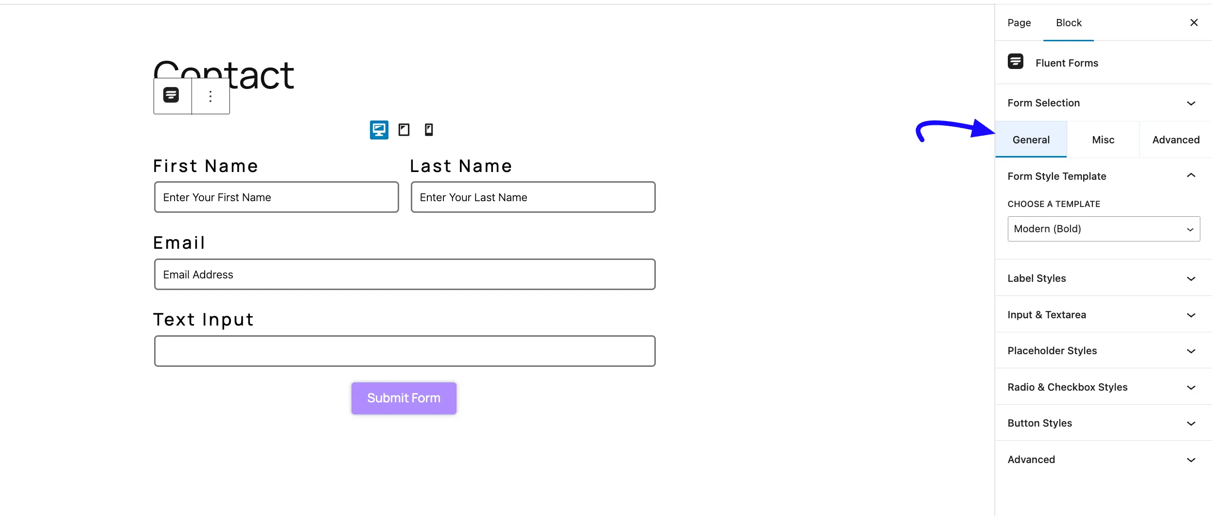 General Tab Fluent Forms