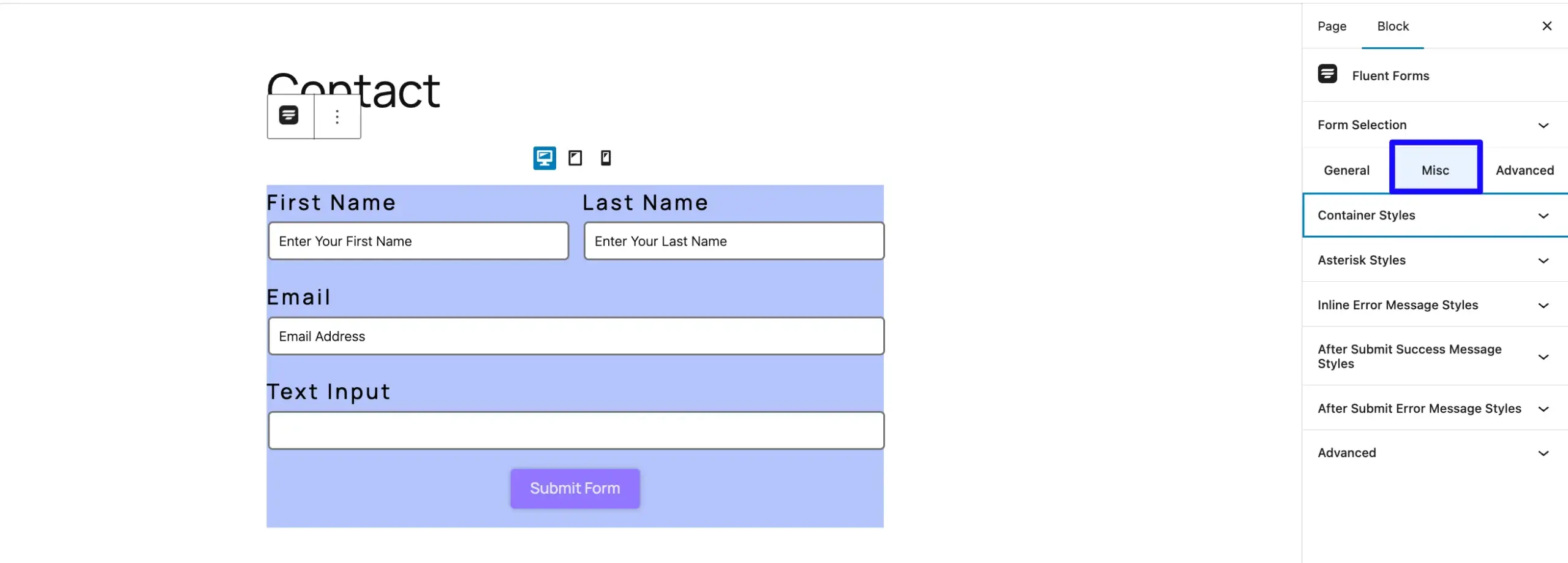Misc Tab Fluent Forms
