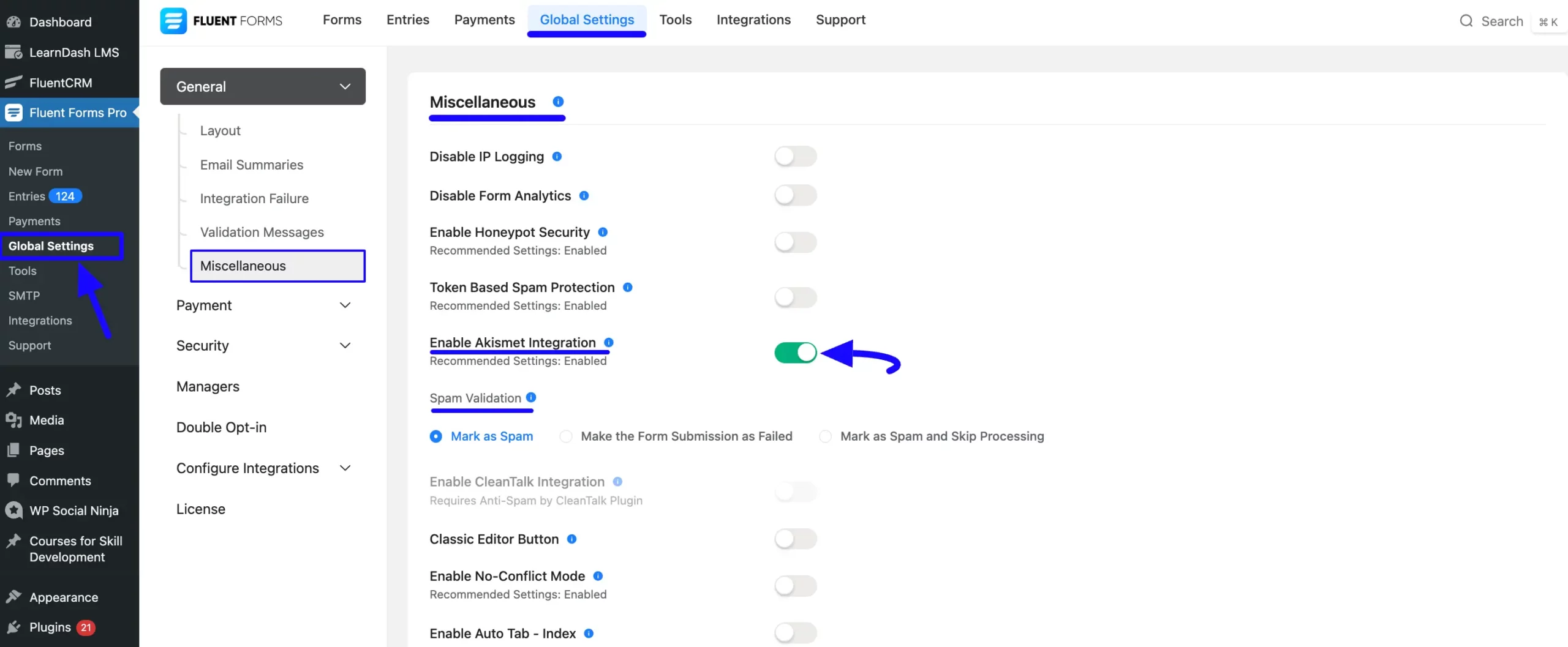 Global Settings Miscellaneous Enable Akismet