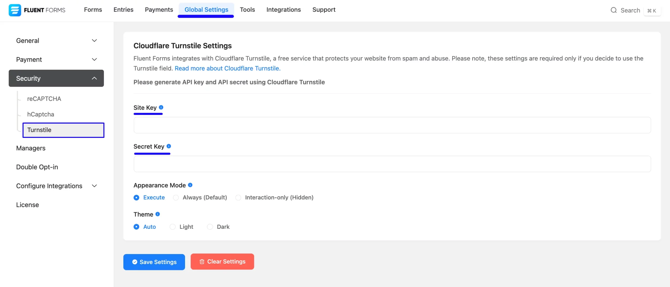 Cloudefare Turnstile Settings Page