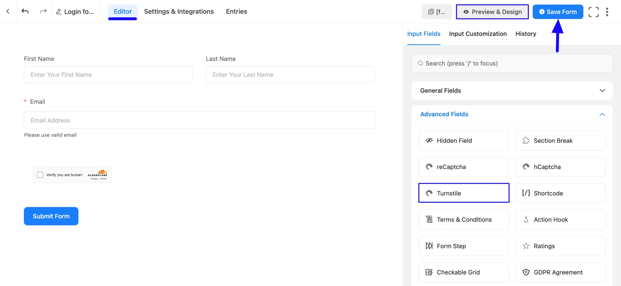 Add Turnstile Input Field Integrate Cloudflare Turnstile