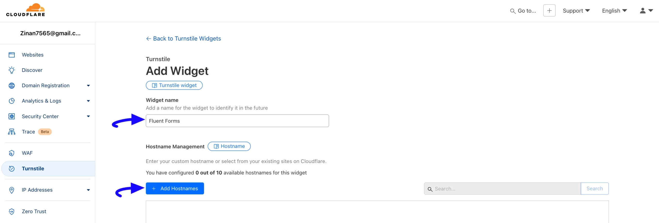 Add Widget And Host Name Integrate Cloudflare Turnstile