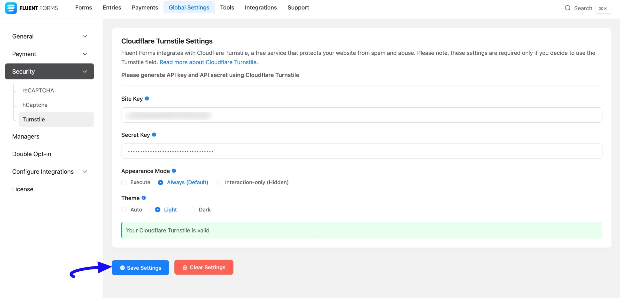 Save Settings Button Integrate Cloudflare Turnstile