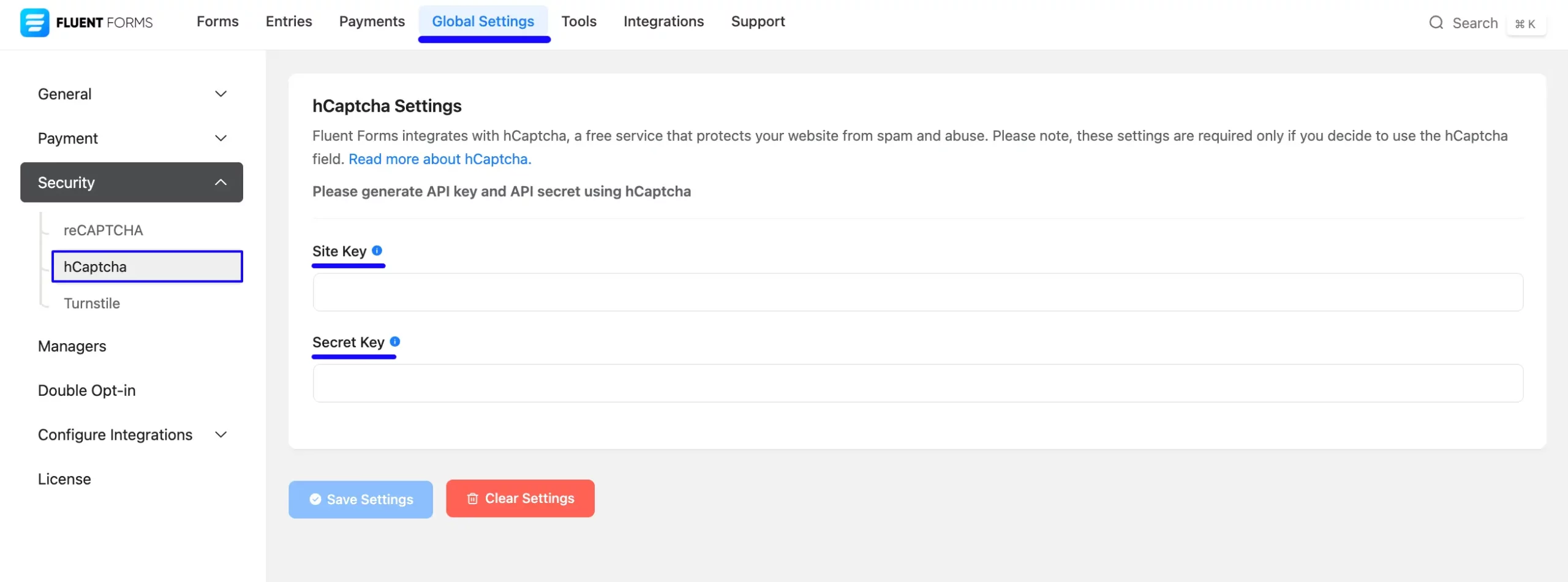 hCaptcha Settings Page