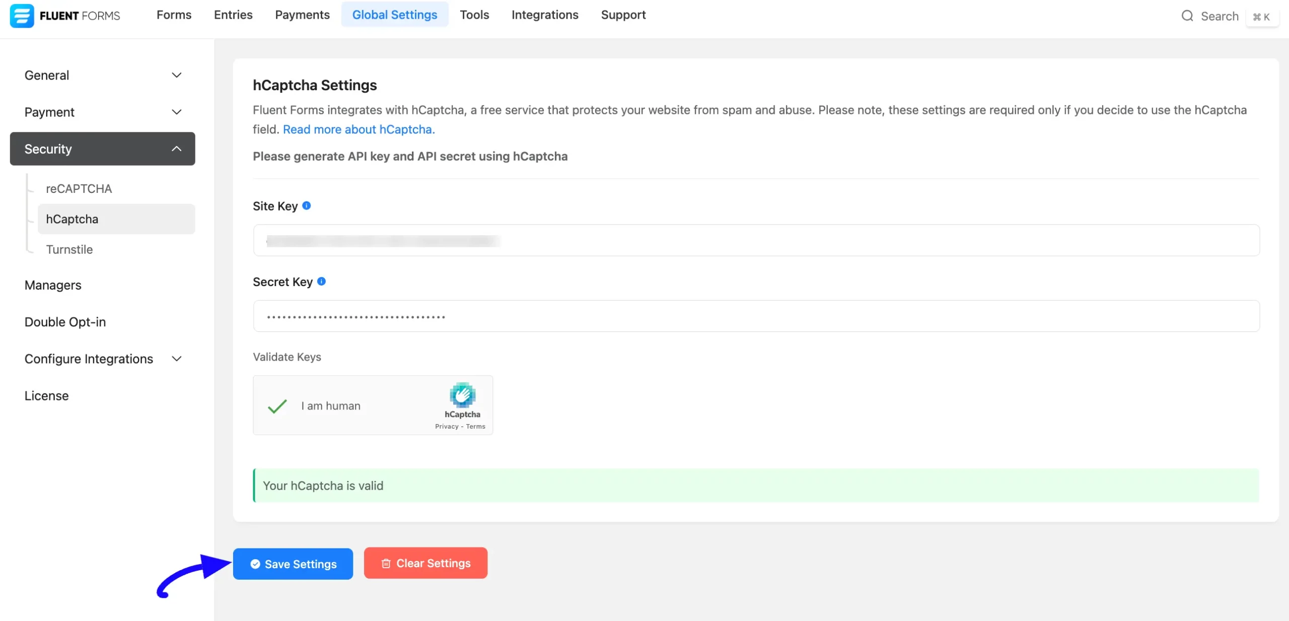 Save Settings Button Integrate hCaptcha