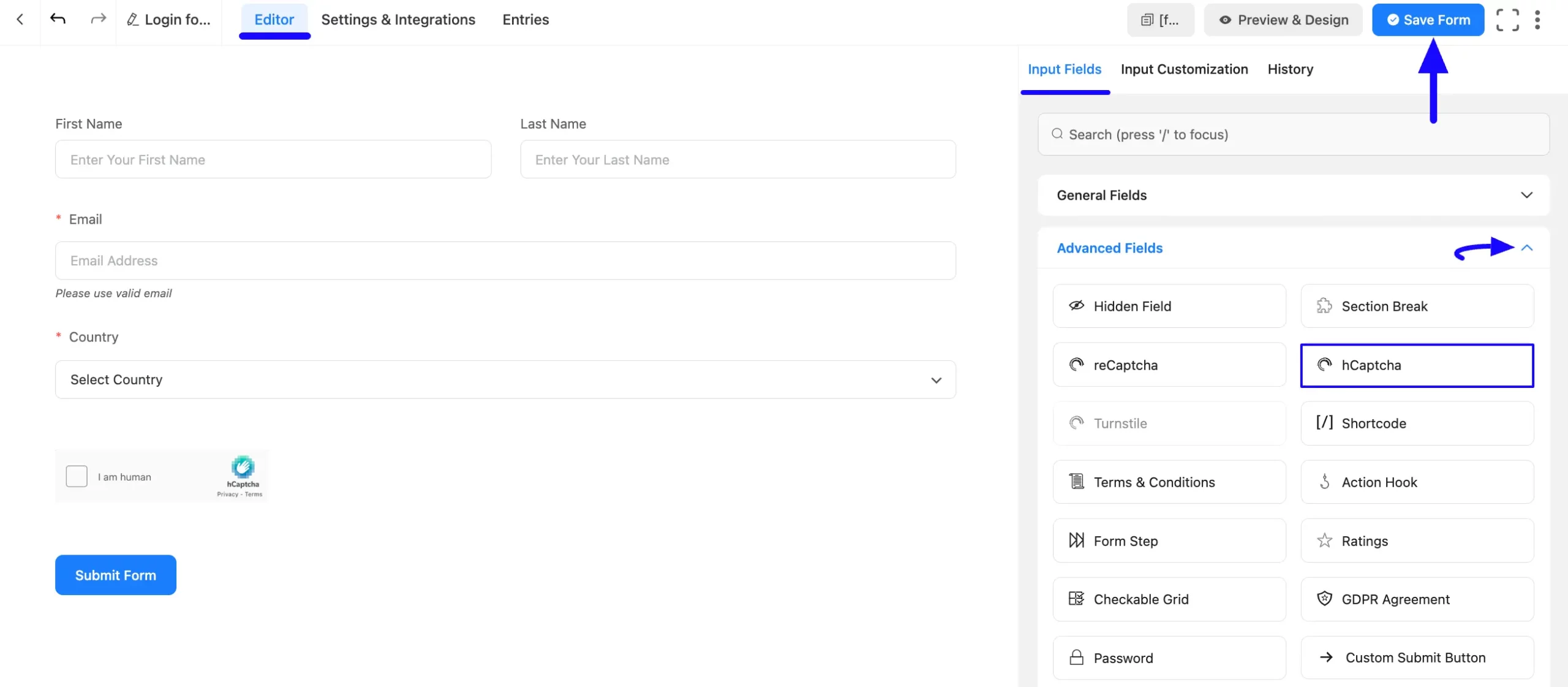 Added hCaptcha Input Field Save Button