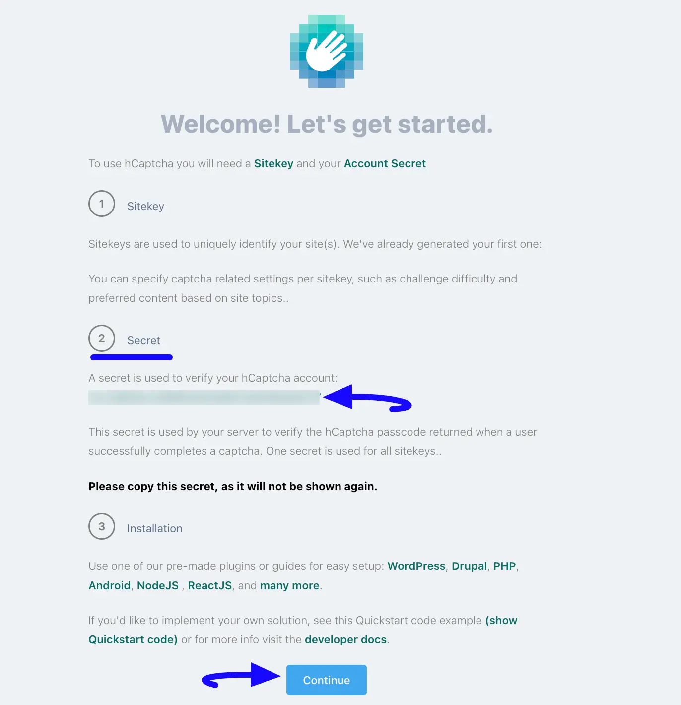 Copy Secret Key Continue Button