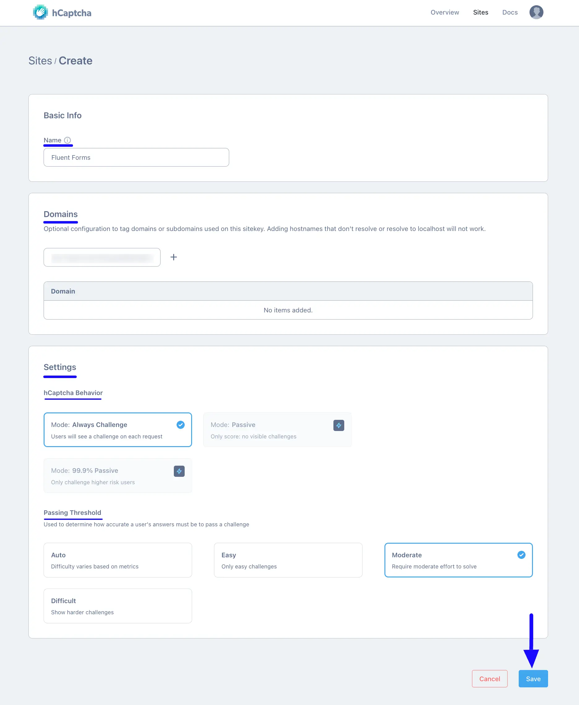 Name Domain Settings Save Button