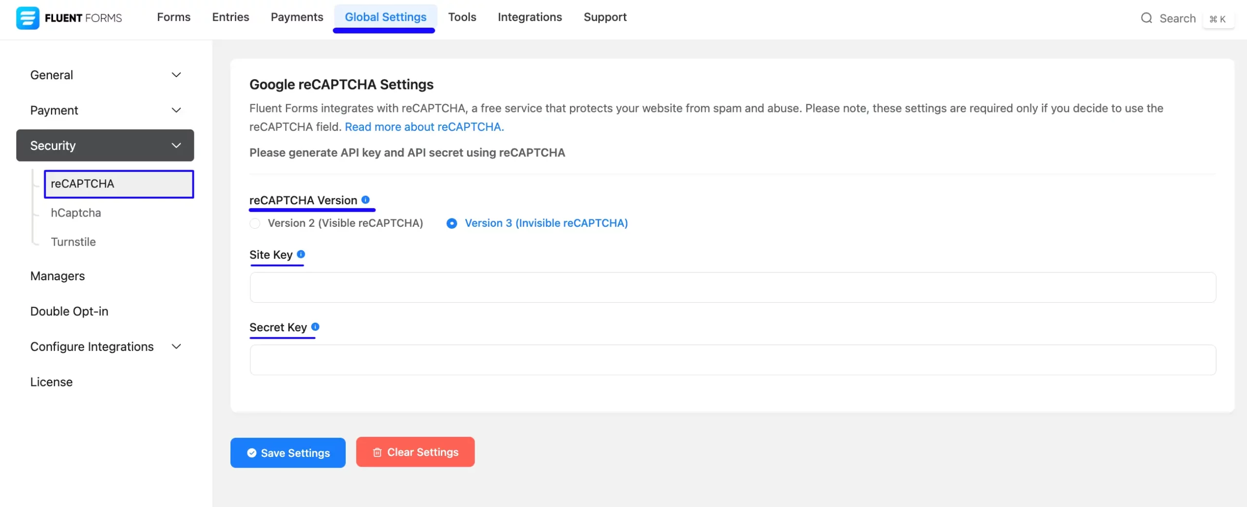 Global Settings Security reCAPTCHA Settings
