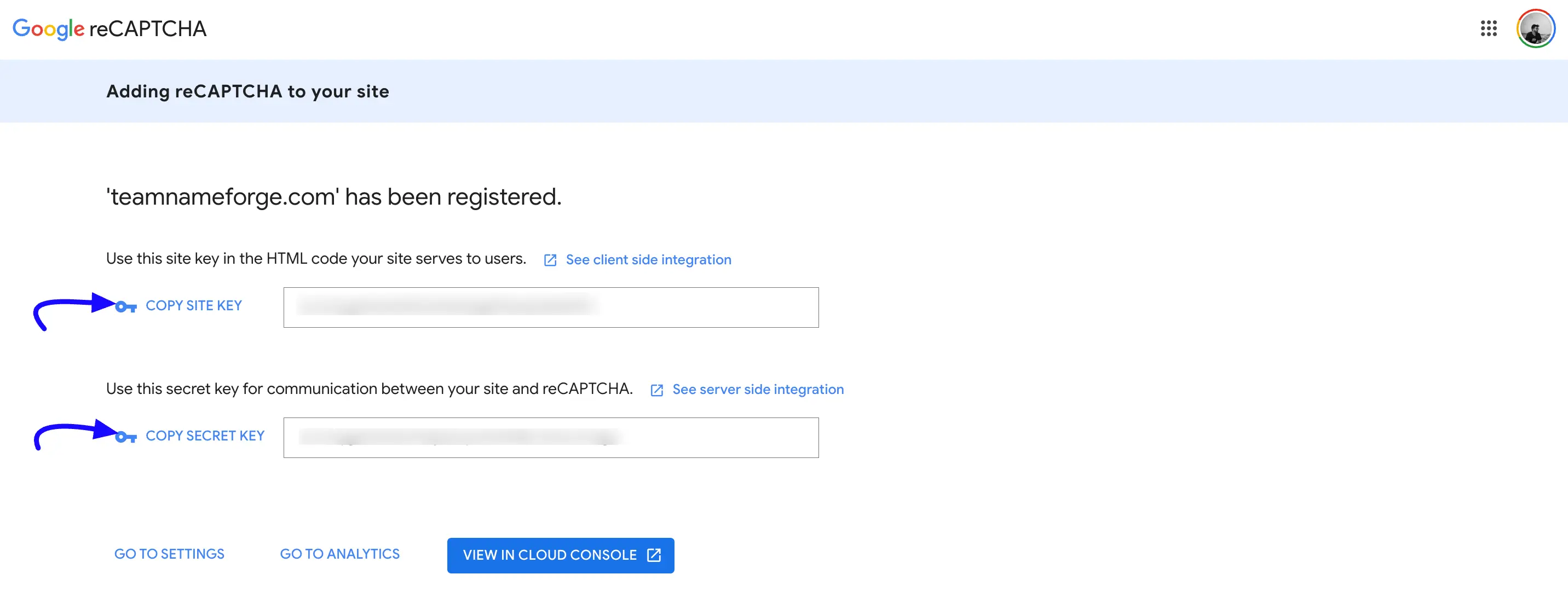 Copy Site And Secret Key
