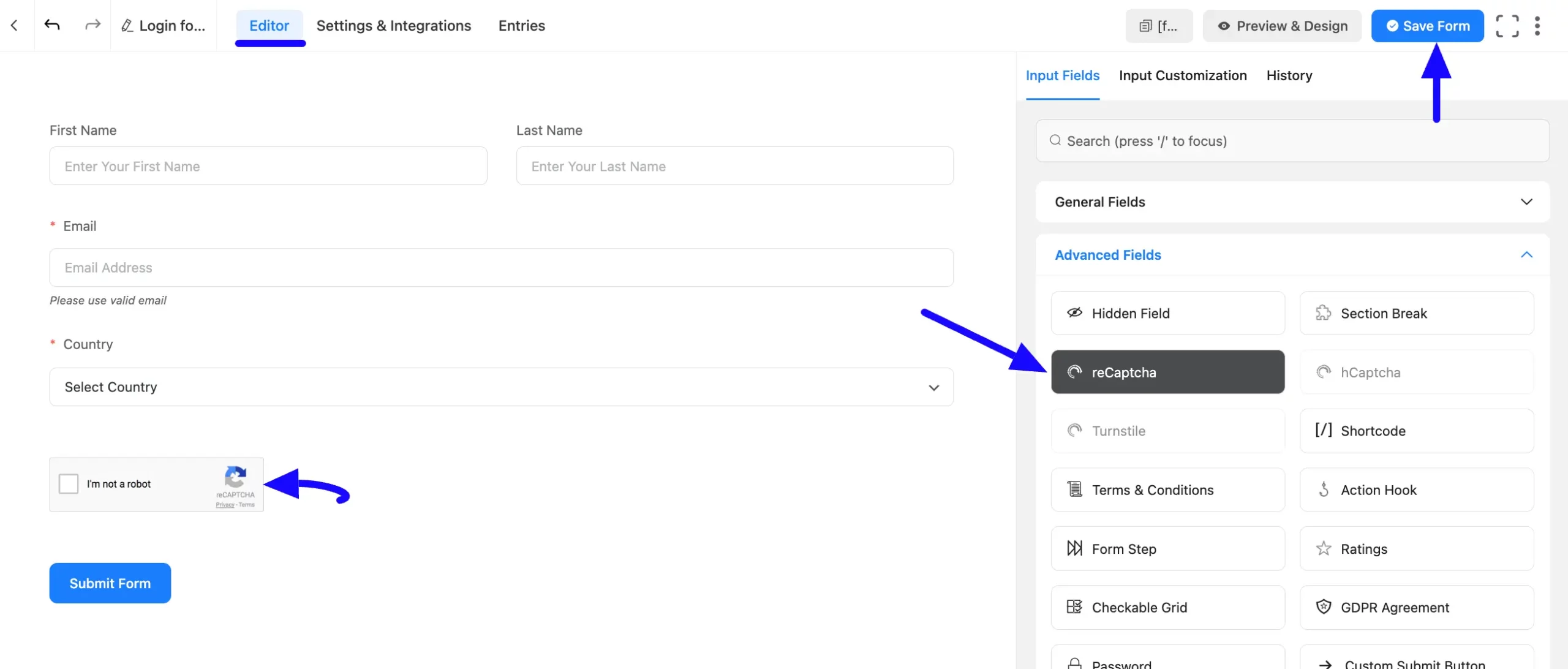 reCAPTCHA Input Field Save Button