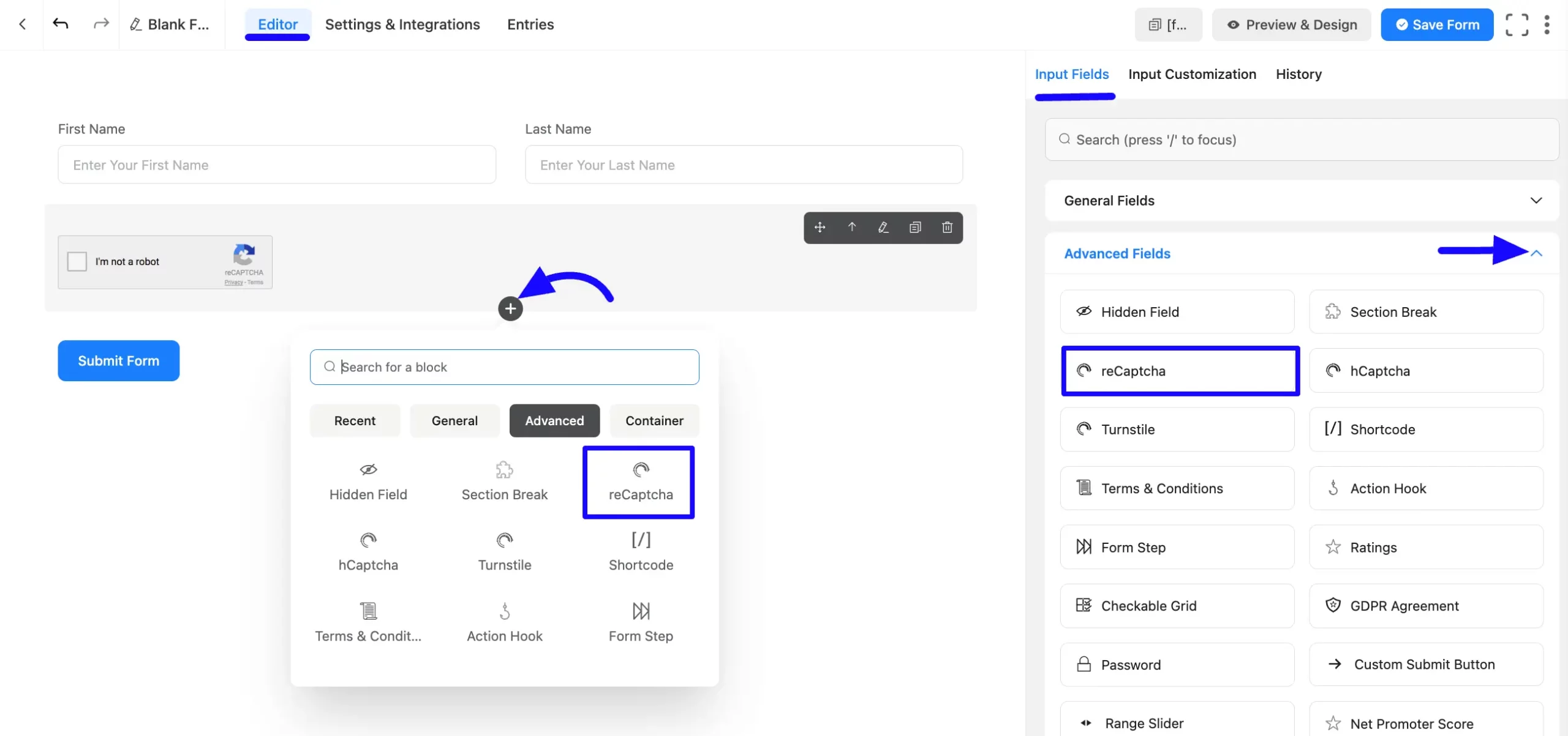 reCAPTCHA Field step