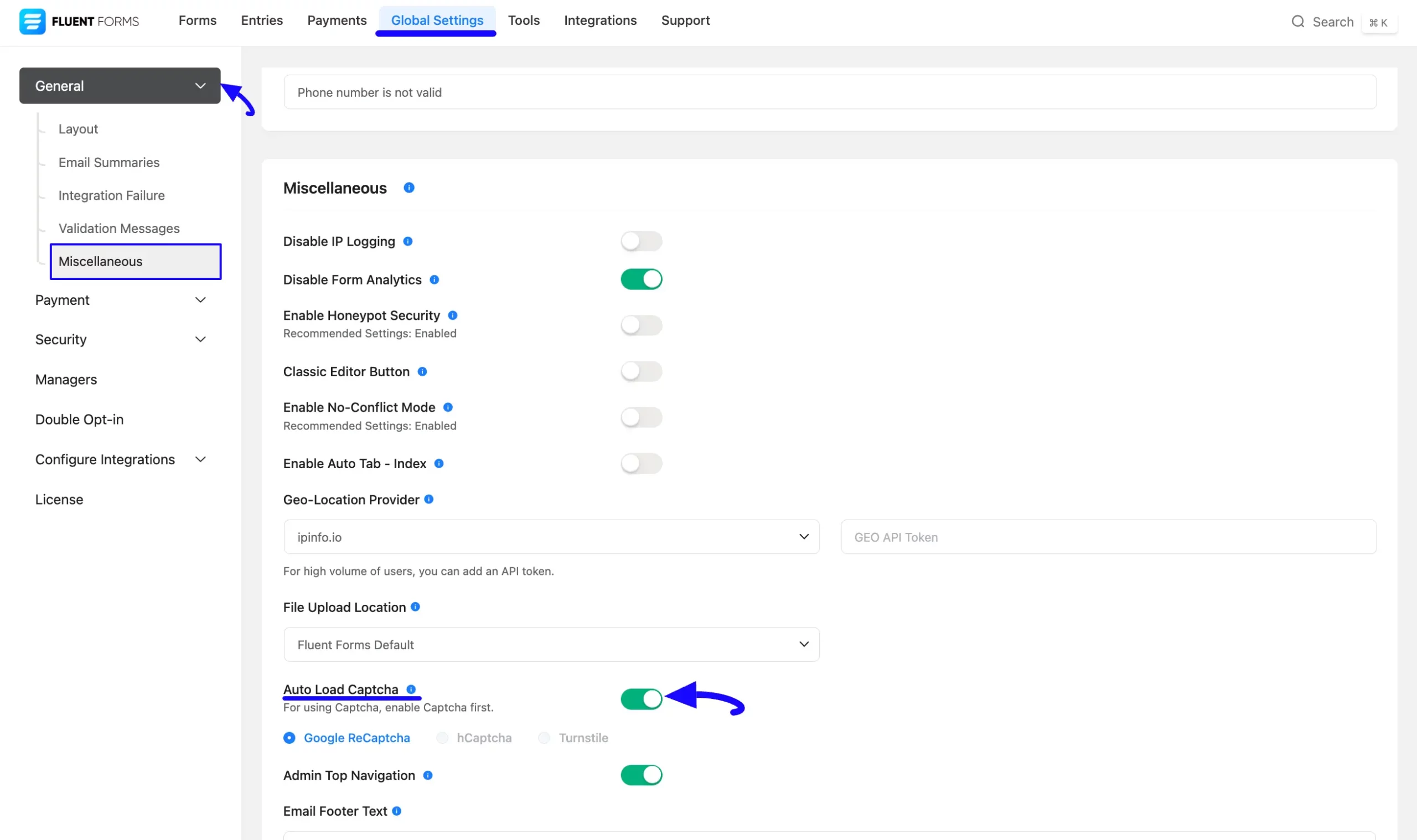 Auto Load Captcha Toggle From General Tab Global Settings