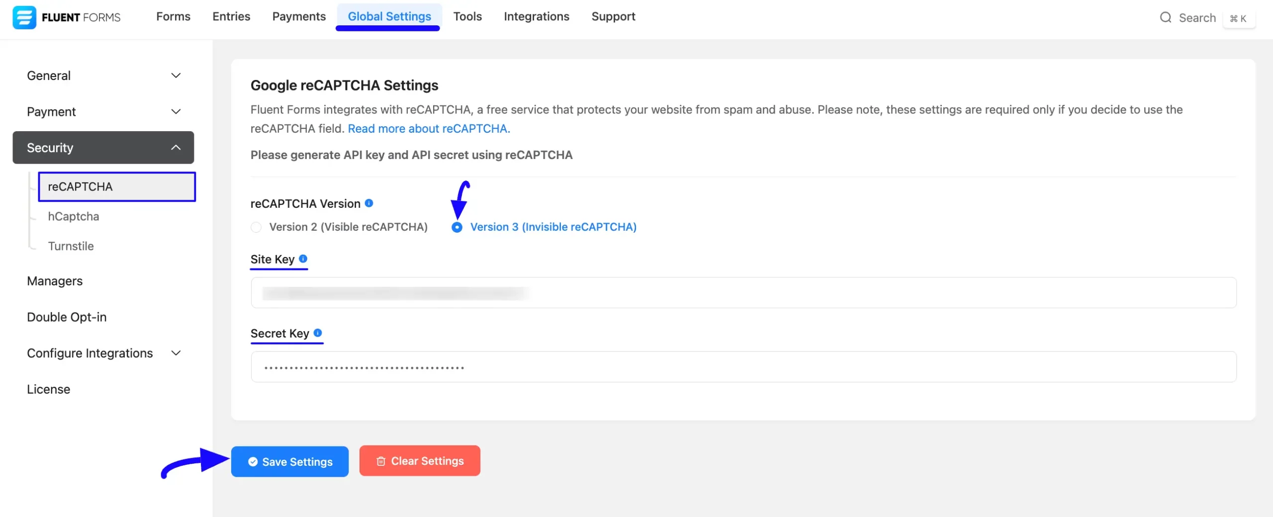 reCAPTCHA Settings Fluent Forms