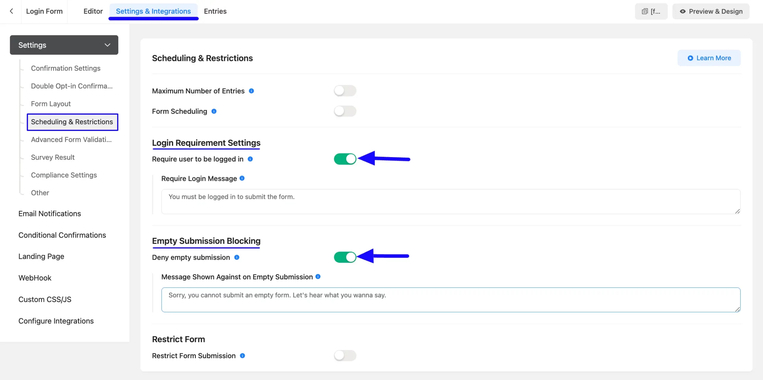 Settings And Integration Tab Spam Protection With Honeypot